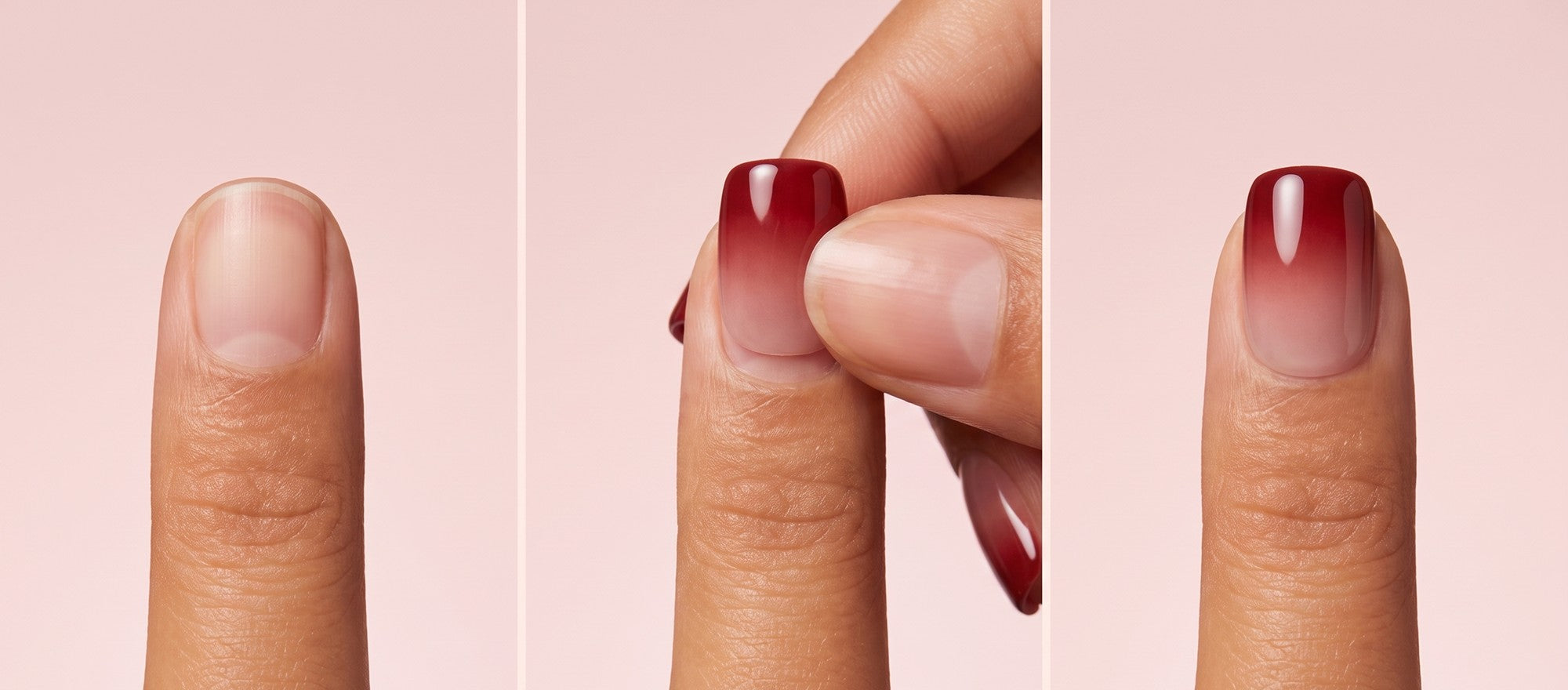 Three steps: the bare natural nail, the set being pressed on, and the finished wear