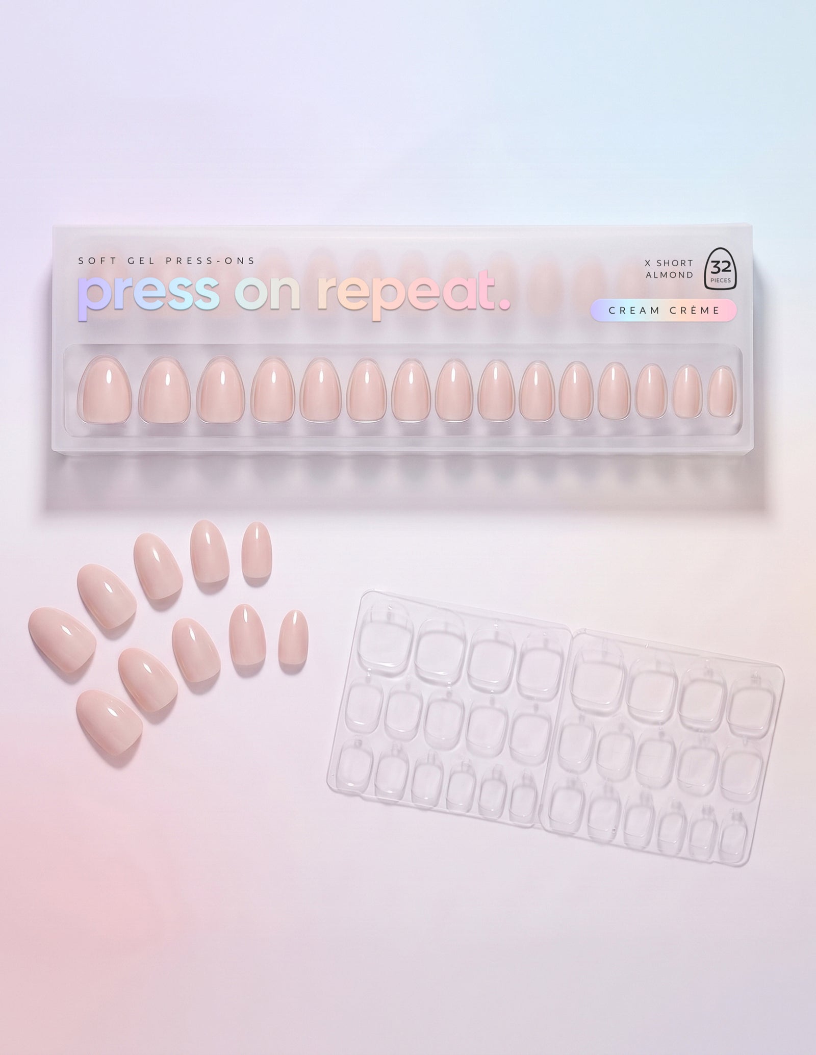 Cream Crème press-on nails — Almond (extra-short) retail box with loose nails and adhesive tabs