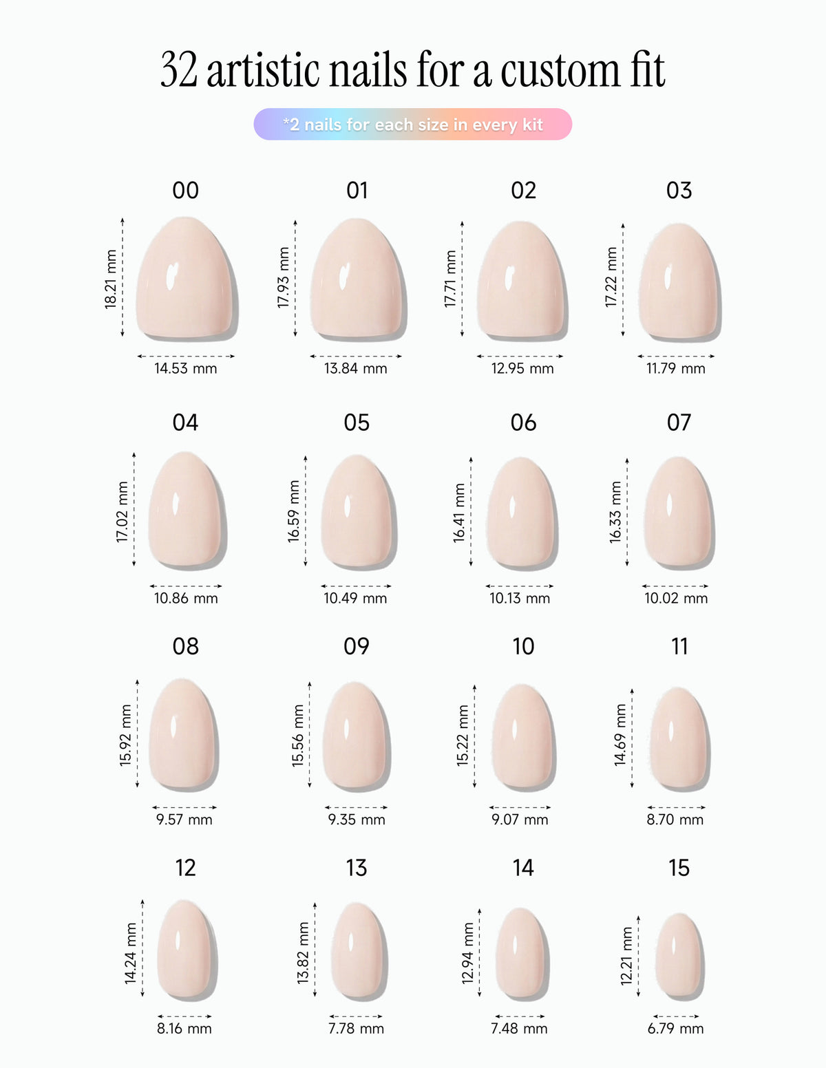 Cream Crème — Almond size chart, 16 sizes with millimetre measurements