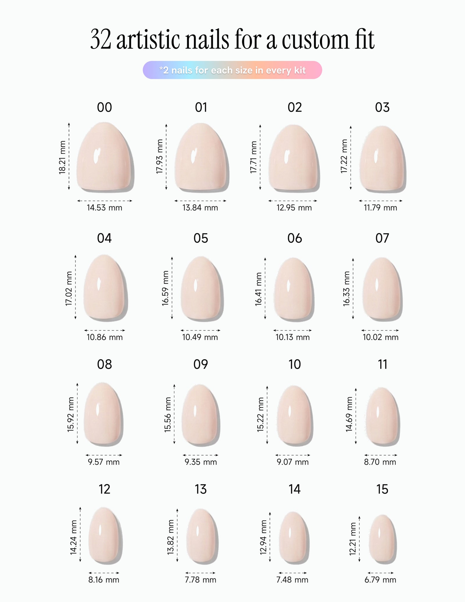 Cream Crème — Almond size chart, 16 sizes with millimetre measurements