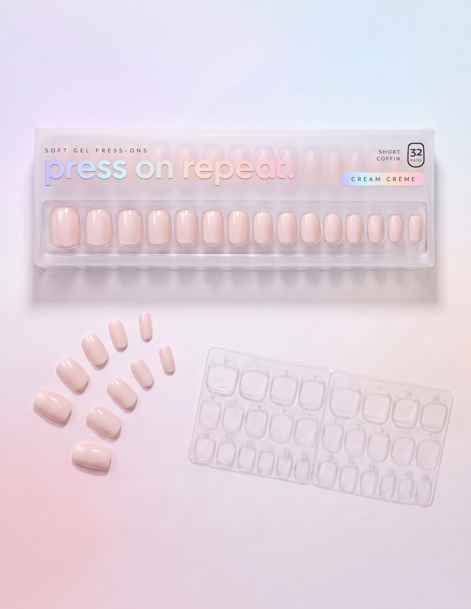Cream Crème press-on nails — Coffin (short) retail box with loose nails and adhesive tabs