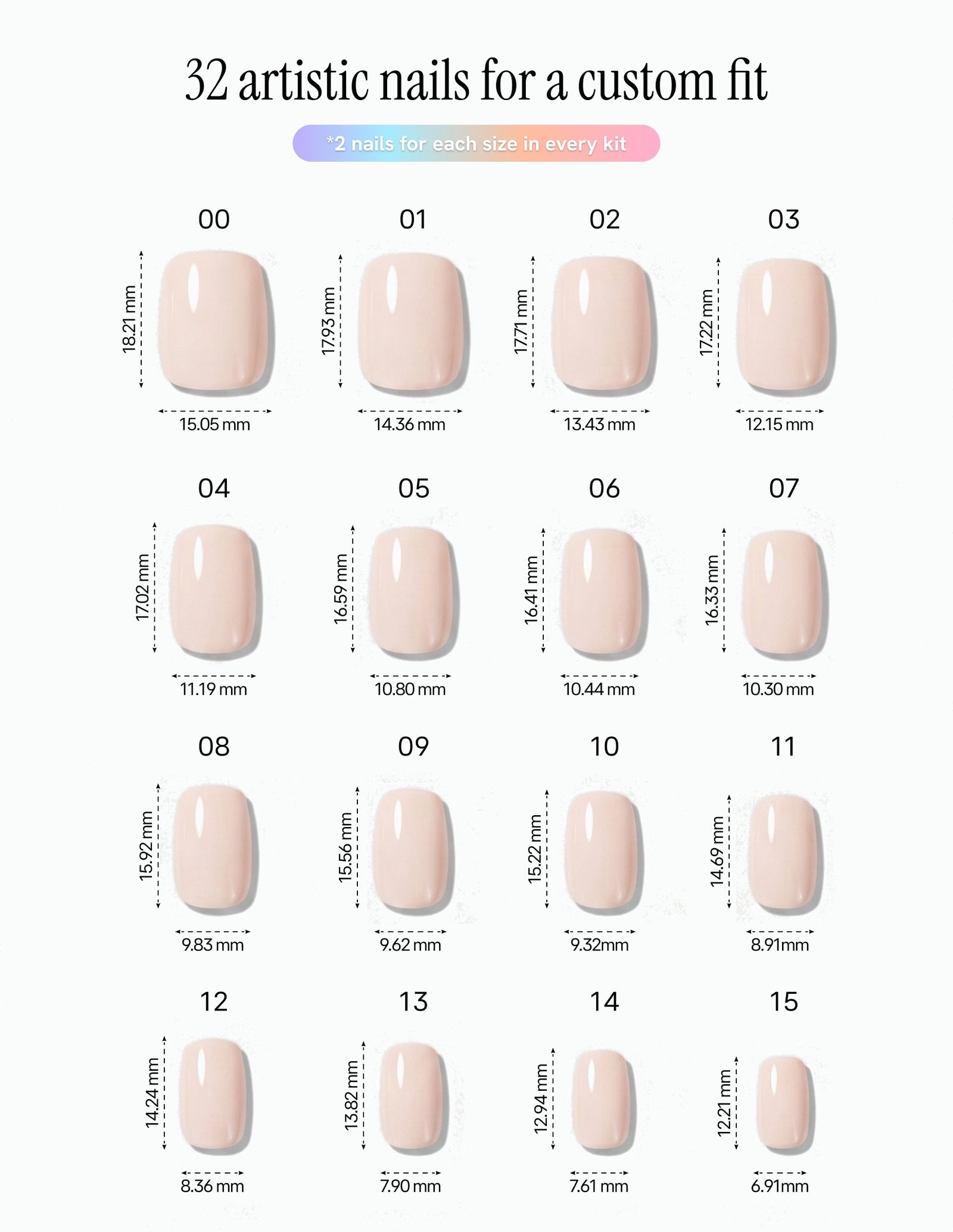 Cream Crème — Coffin size chart, 16 sizes with millimetre measurements
