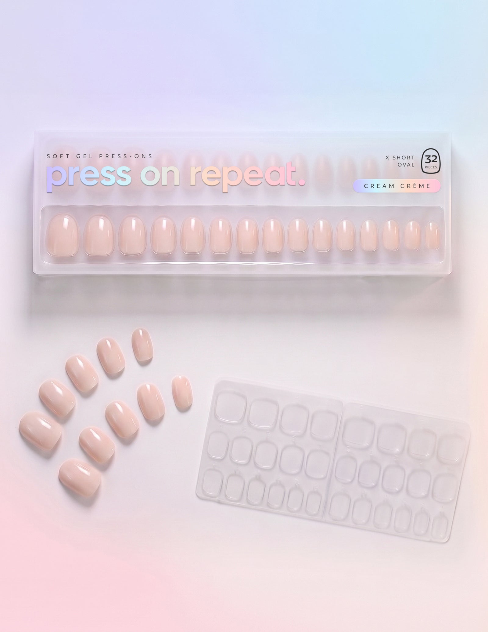 Cream Crème press-on nails — Oval (extra-short) retail box with loose nails and adhesive tabs
