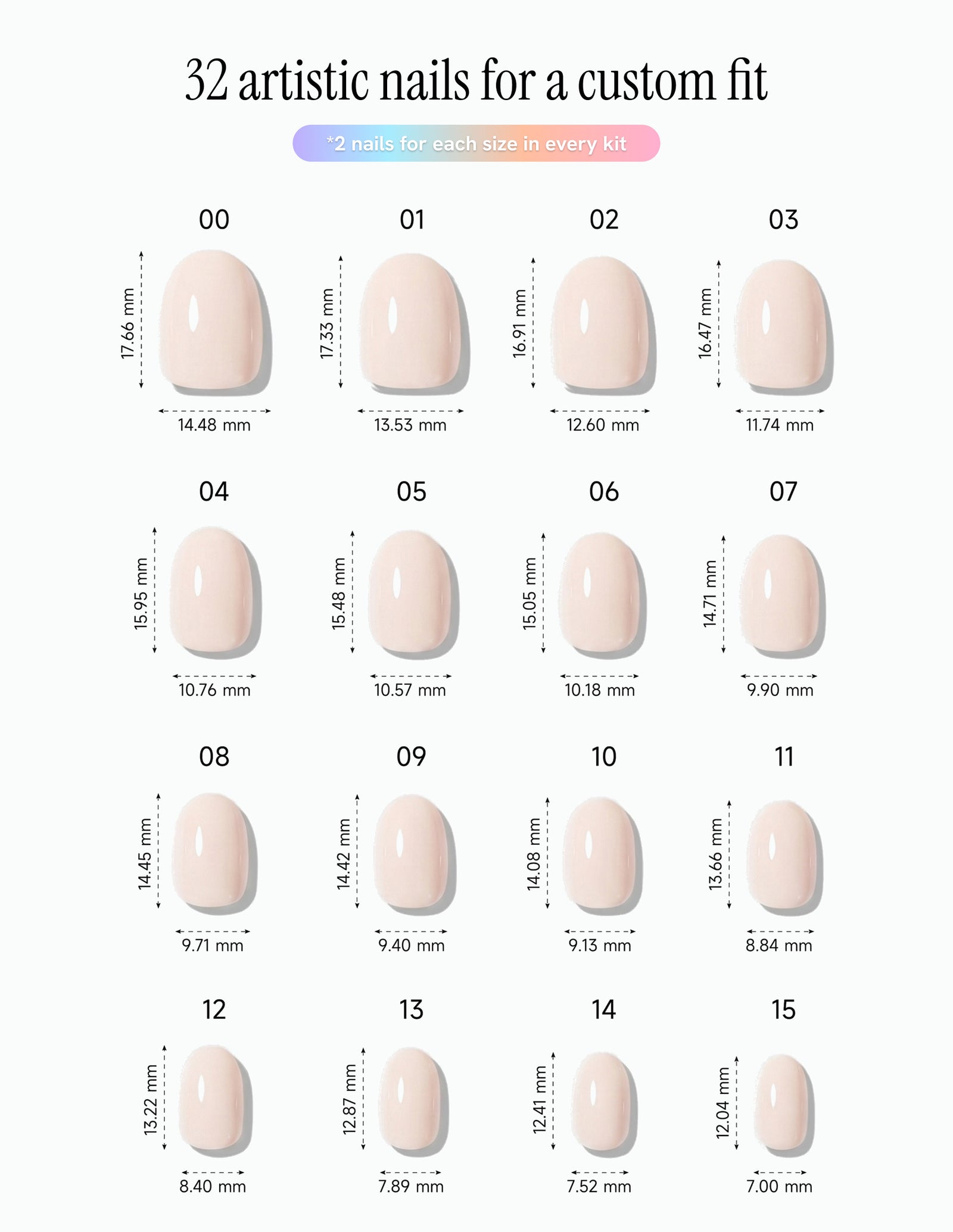 Cream Crème — Oval size chart, 16 sizes with millimetre measurements