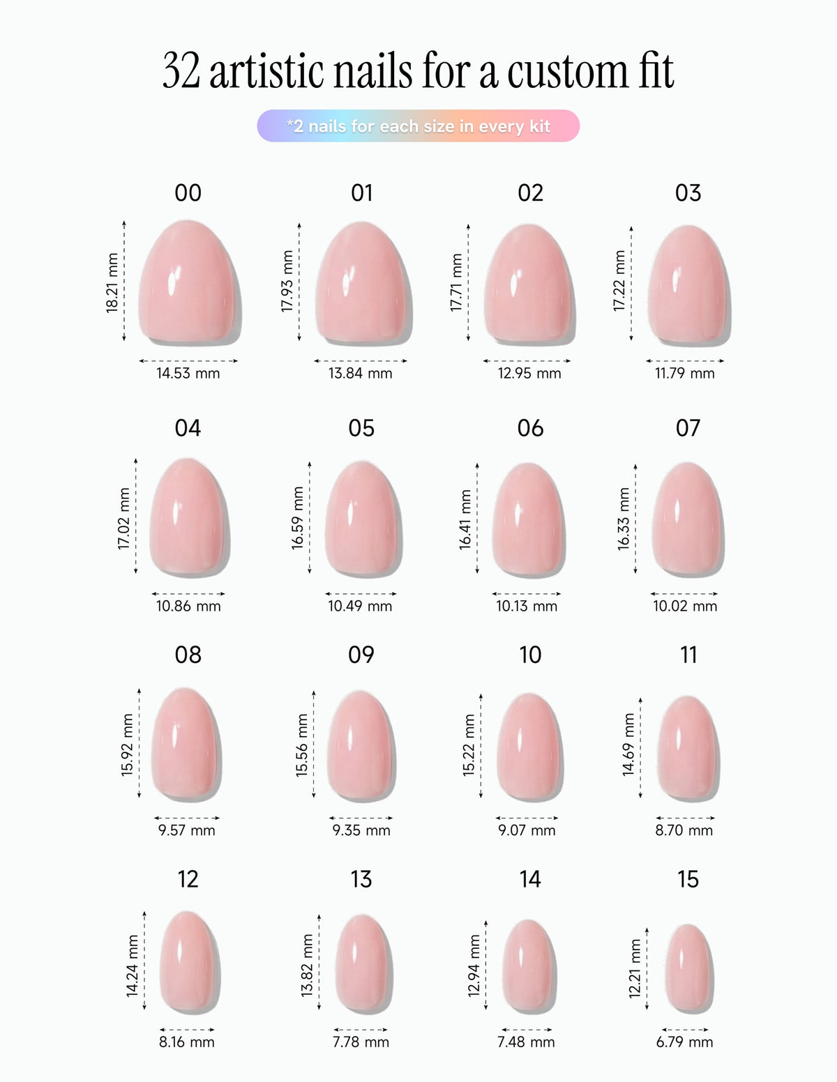 Ballet Slipper — Almond size chart, 16 sizes with millimetre measurements