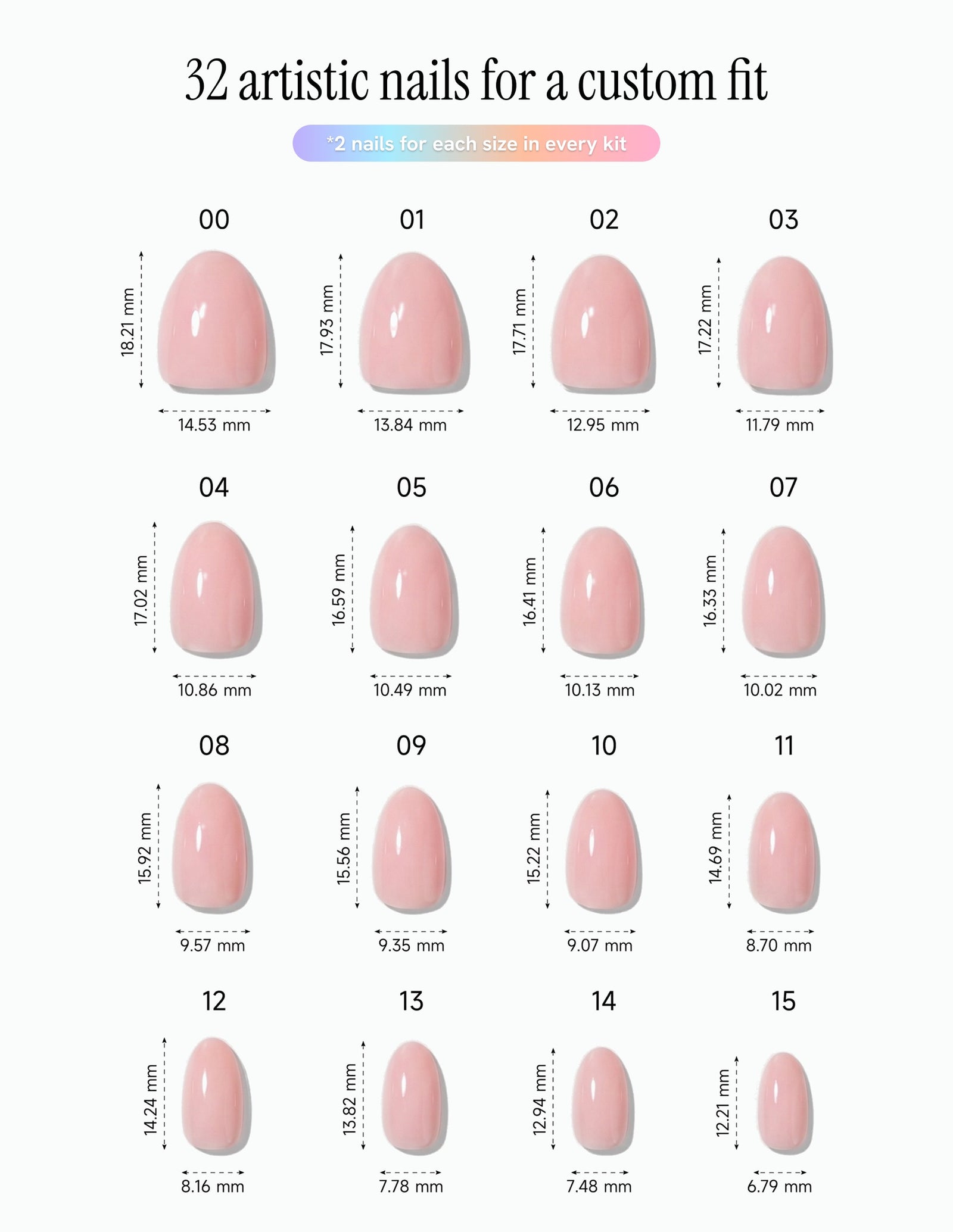 Ballet Slipper — Almond size chart, 16 sizes with millimetre measurements