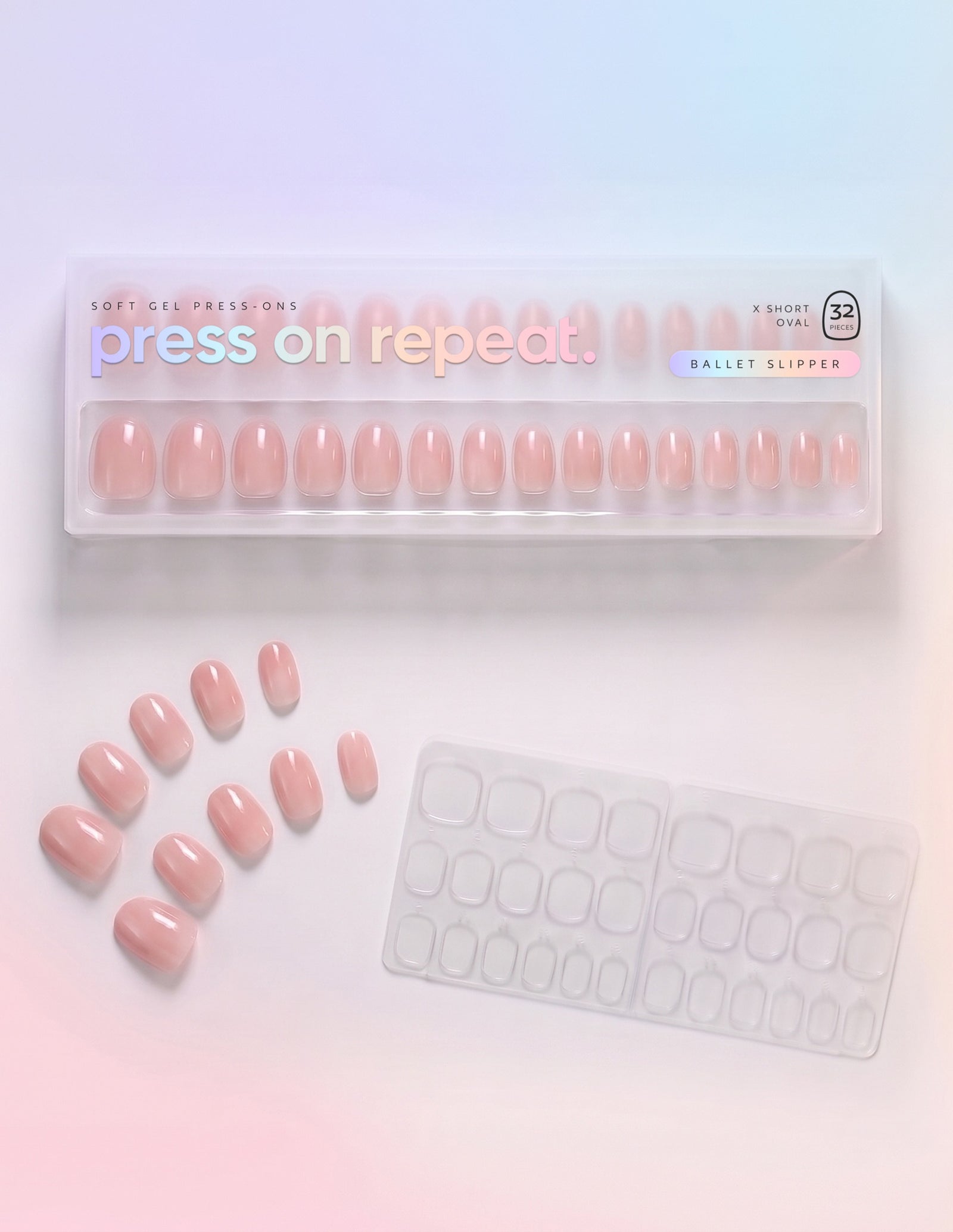 Ballet Slipper press-on nails — Oval (extra-short) retail box with loose nails and adhesive tabs