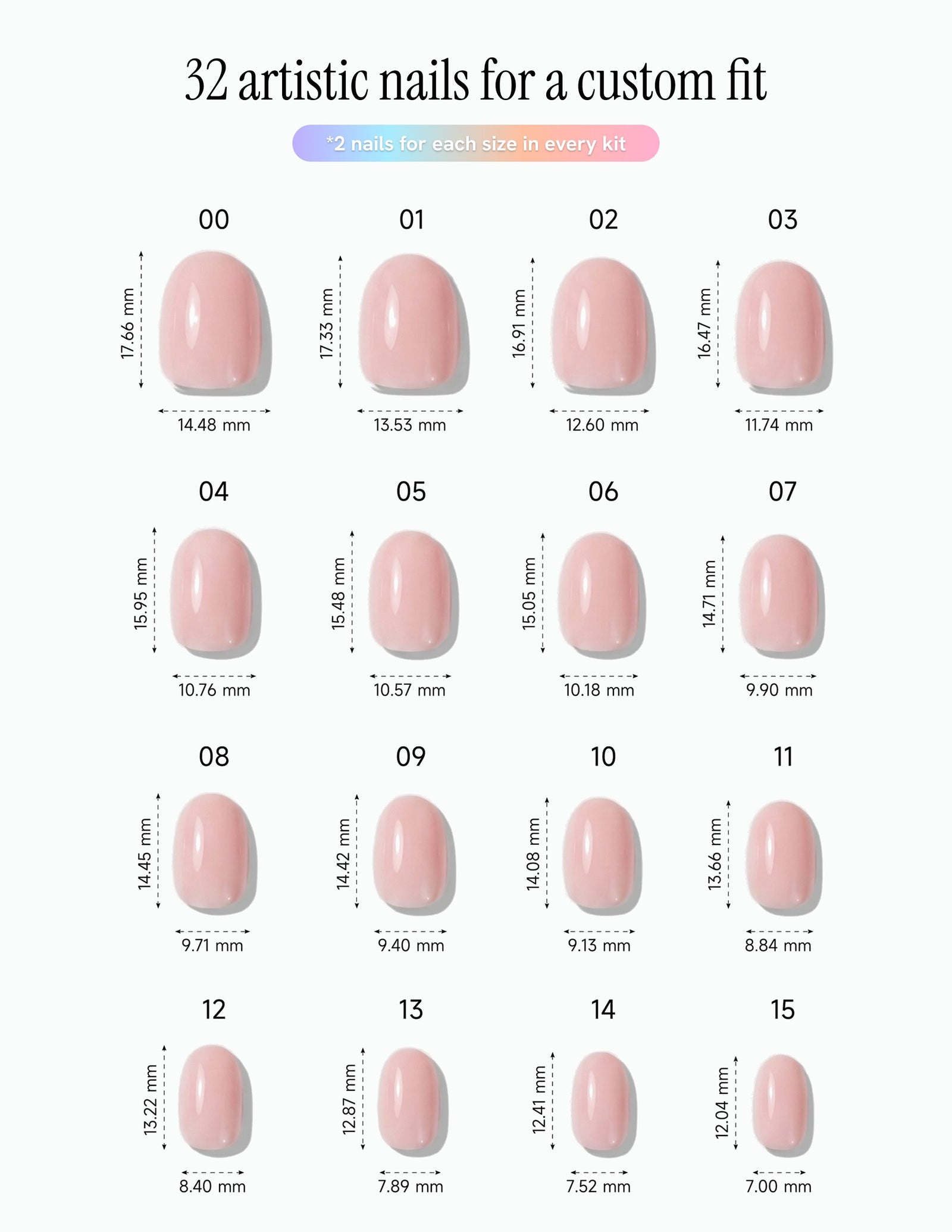 Ballet Slipper — Oval size chart, 16 sizes with millimetre measurements