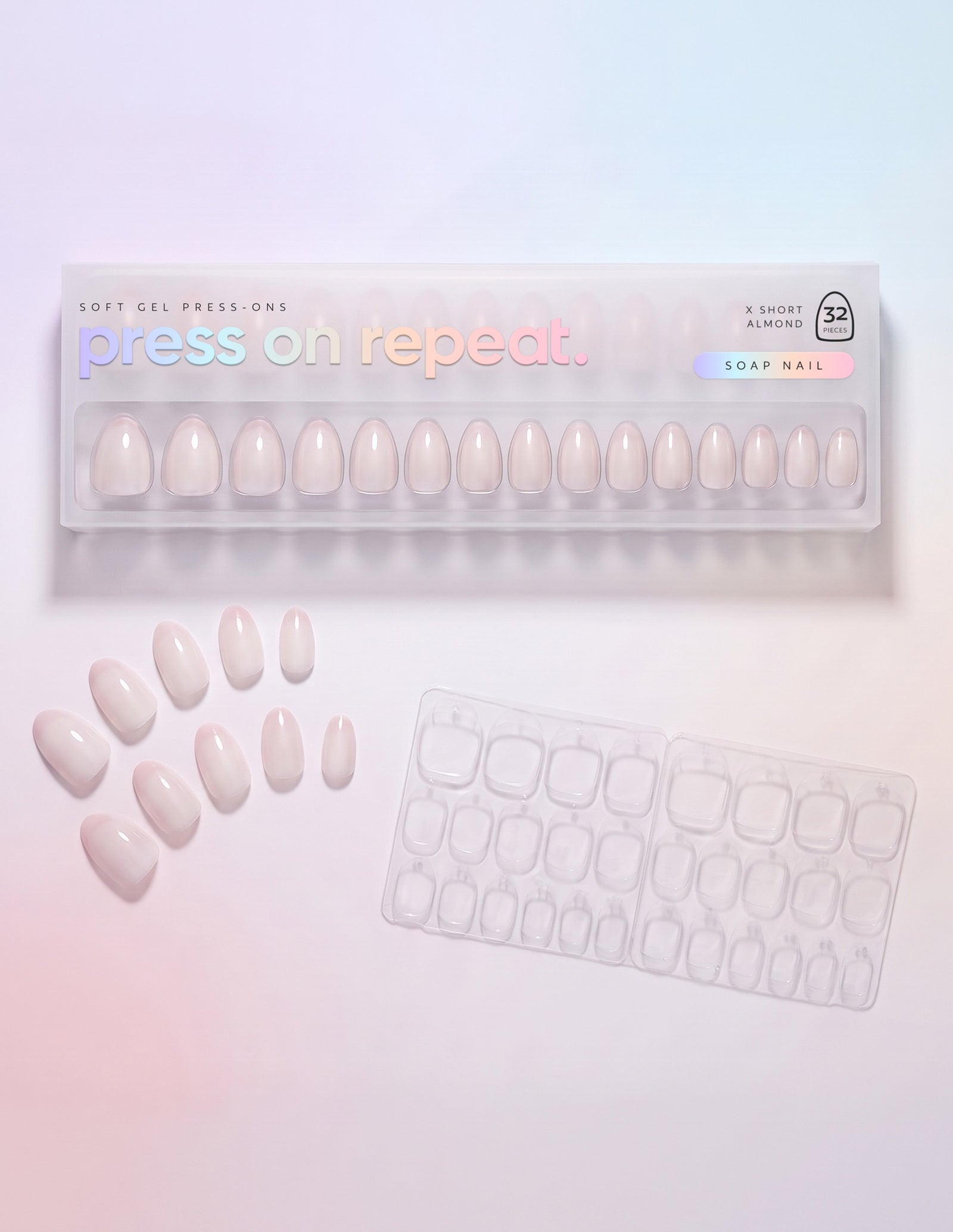 Soap Nail press-on nails — Almond (extra-short) retail box with loose nails and adhesive tabs