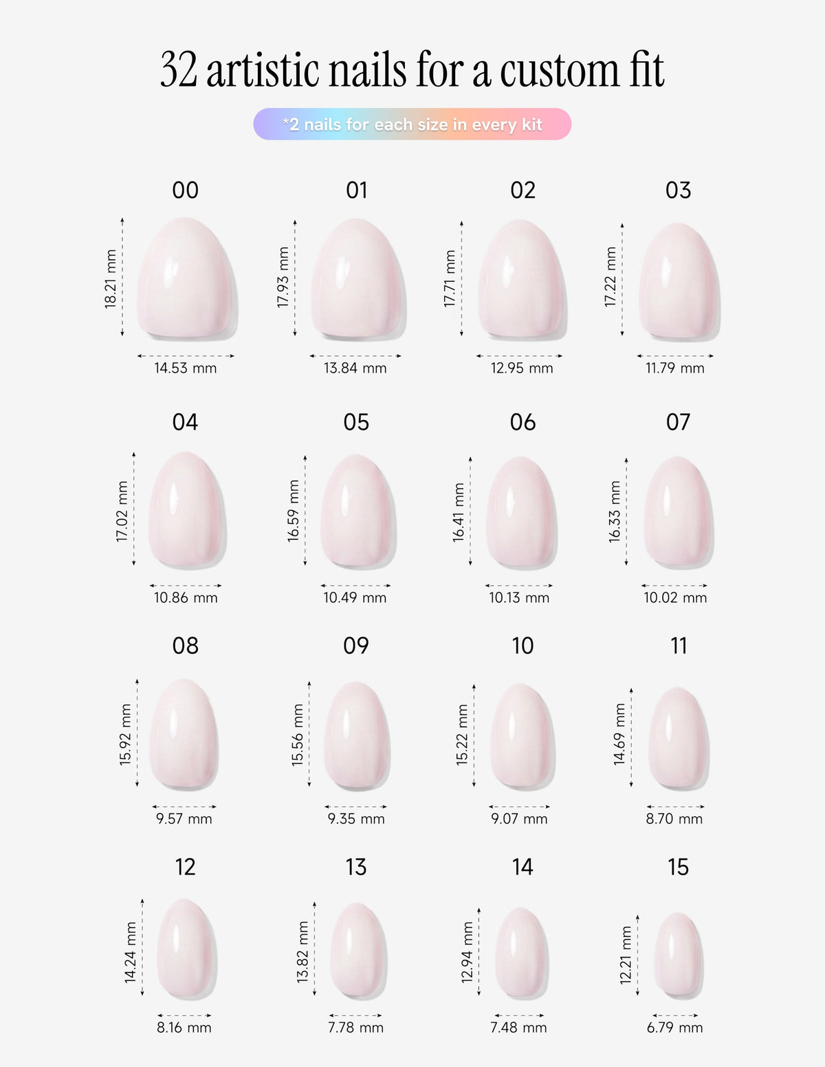Soap Nail — Almond size chart, 16 sizes with millimetre measurements