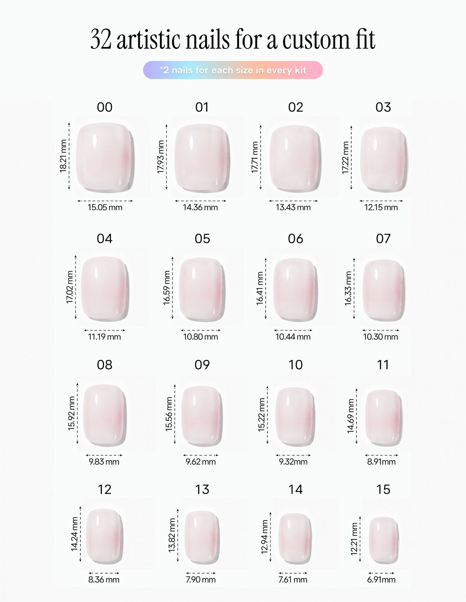 Soap Nail — Coffin size chart, 16 sizes with millimetre measurements