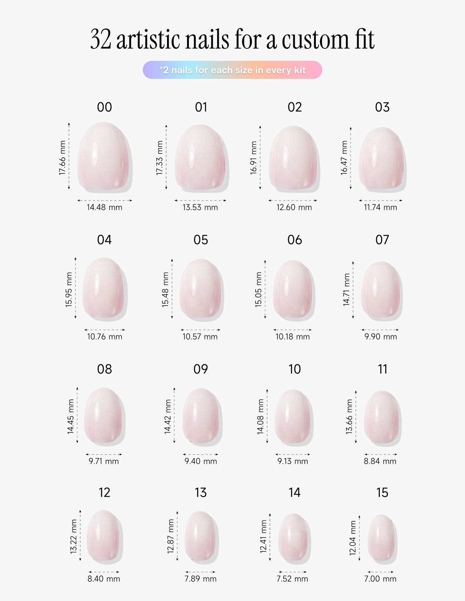 Soap Nail — Oval size chart, 16 sizes with millimetre measurements