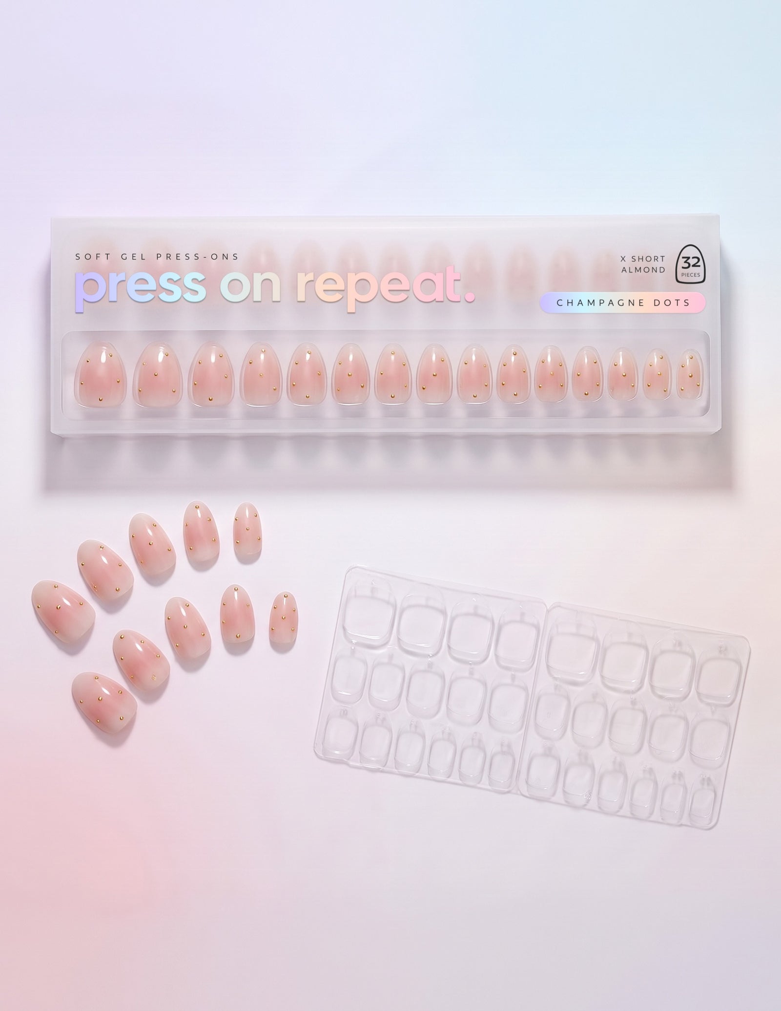Champagne Dots press-on nails — Almond (extra-short) retail box with loose nails and adhesive tabs