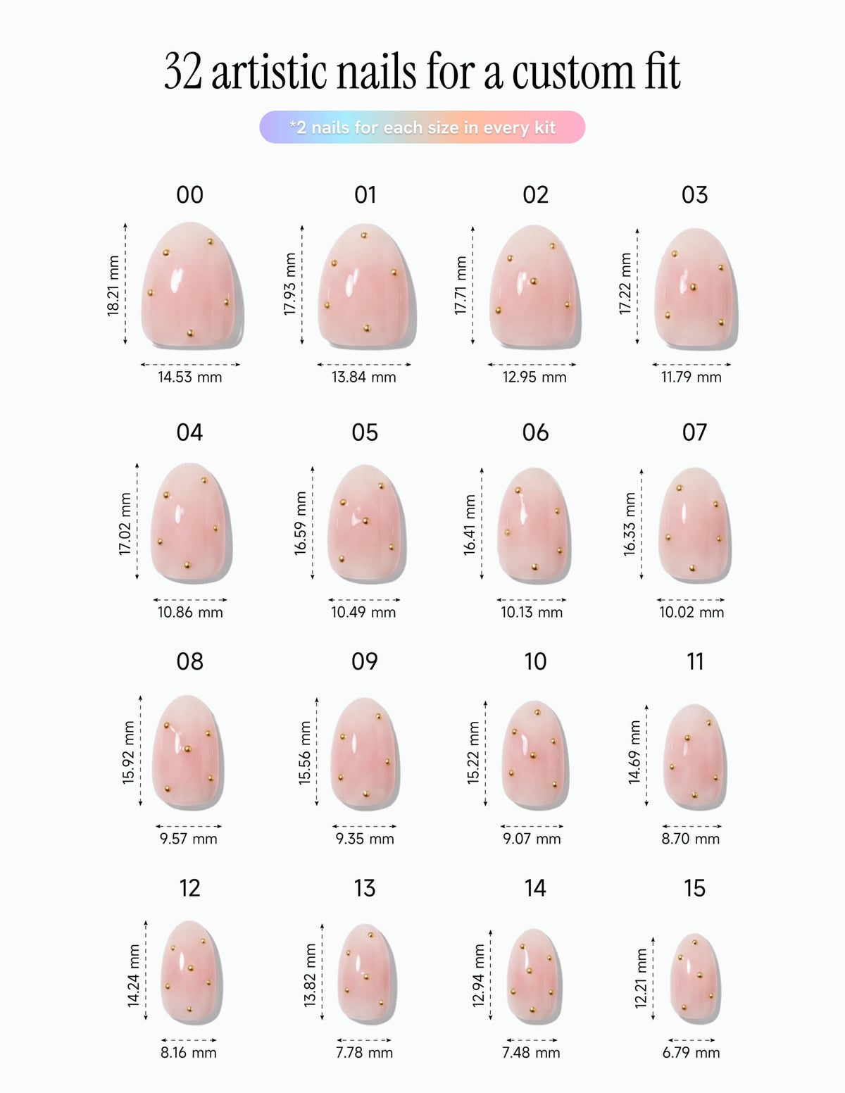 Champagne Dots — Almond size chart, 16 sizes with millimetre measurements