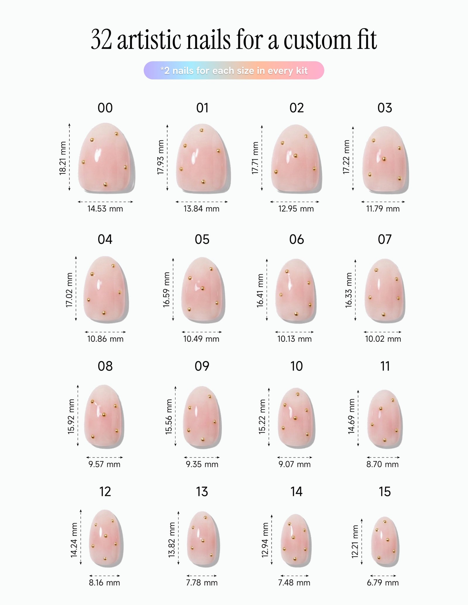 Champagne Dots — Almond size chart, 16 sizes with millimetre measurements