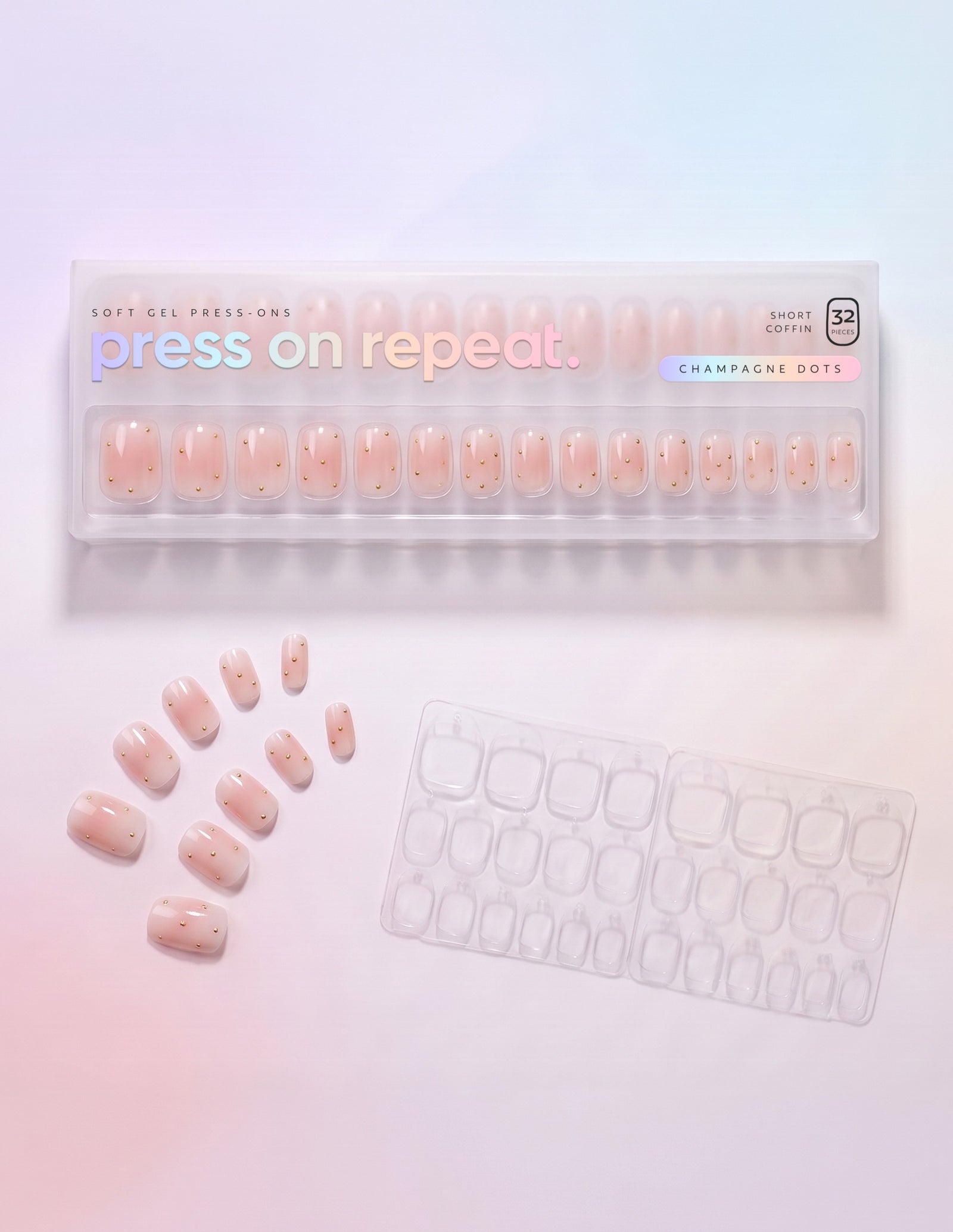 Champagne Dots press-on nails — Coffin (short) retail box with loose nails and adhesive tabs
