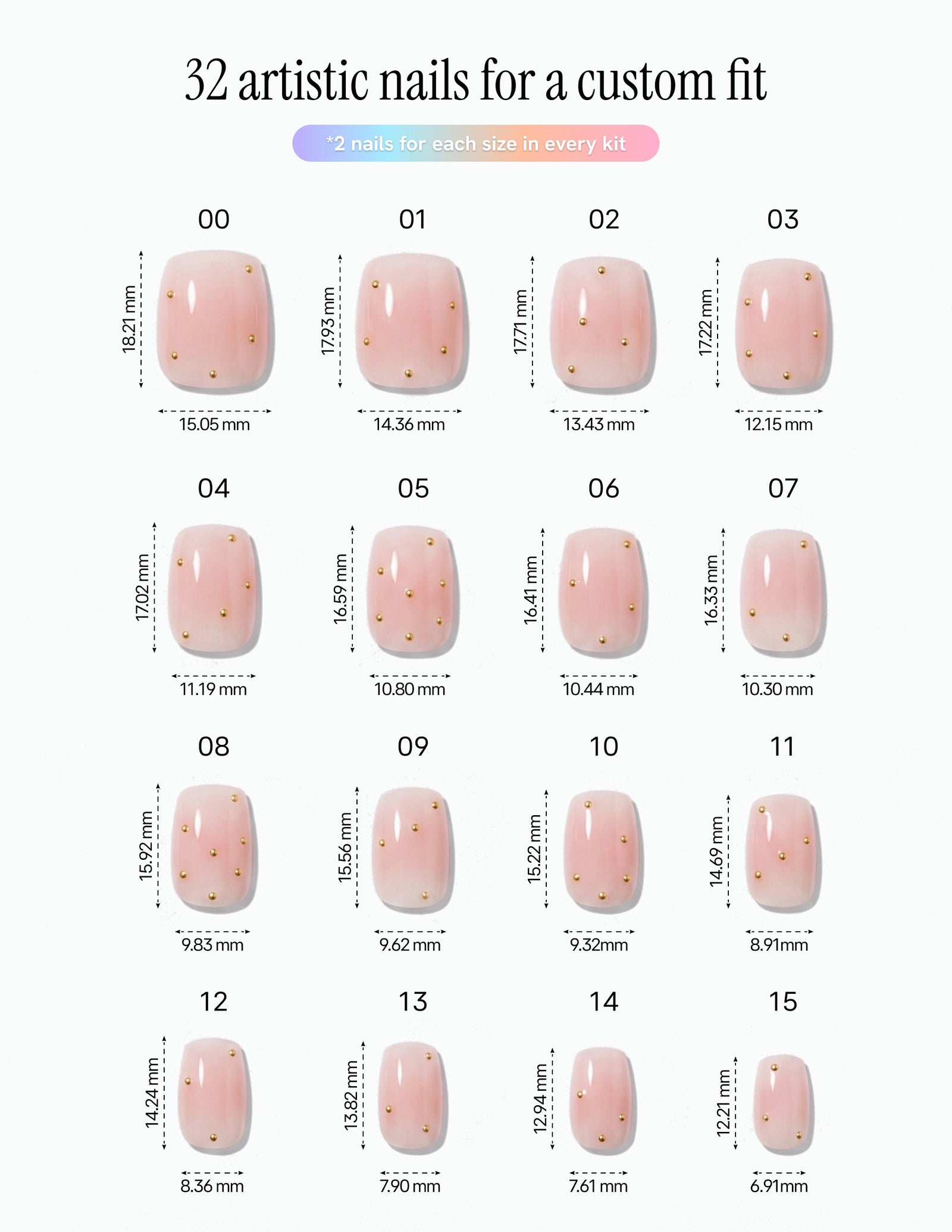 Champagne Dots — Coffin size chart, 16 sizes with millimetre measurements