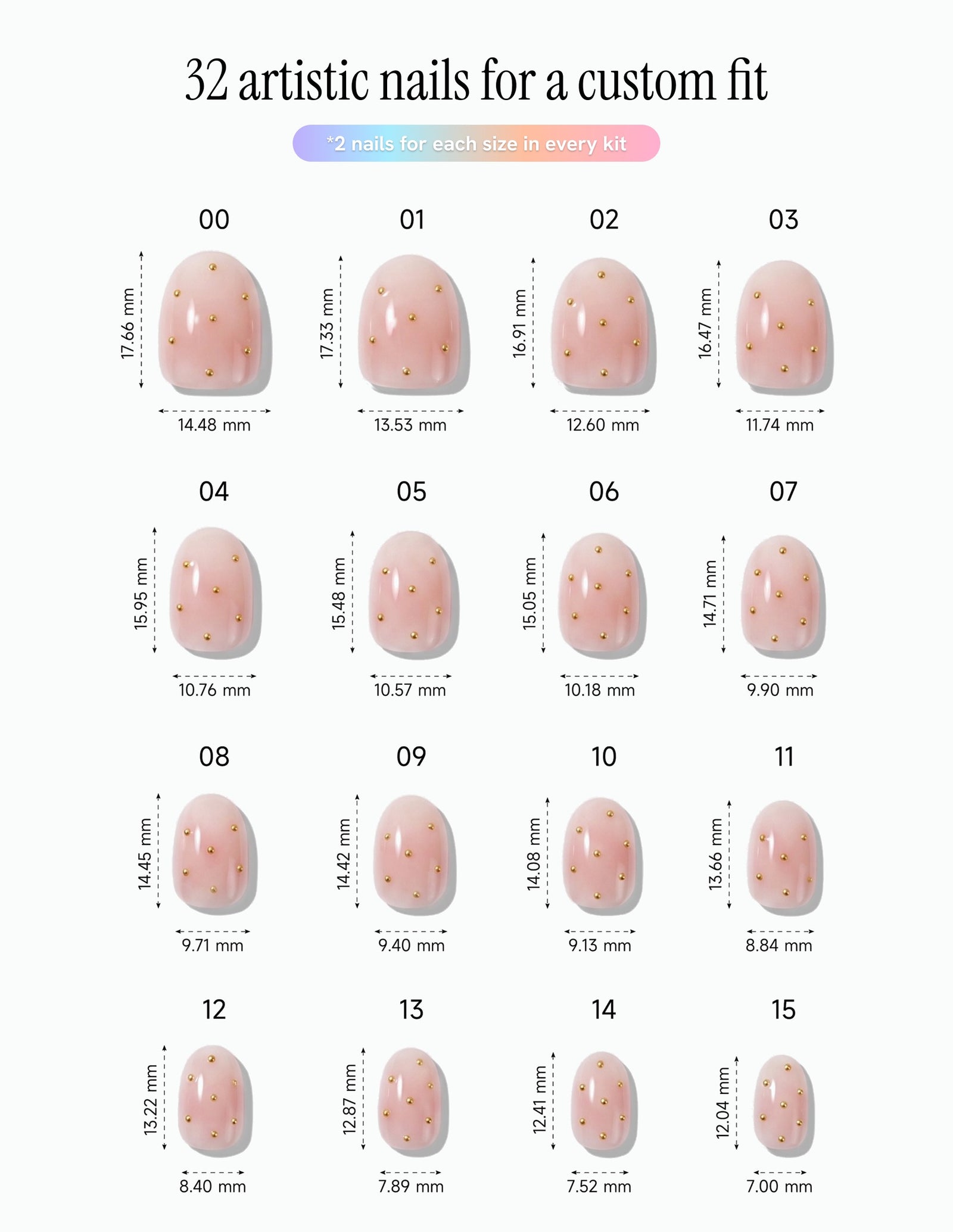 Champagne Dots — Oval size chart, 16 sizes with millimetre measurements