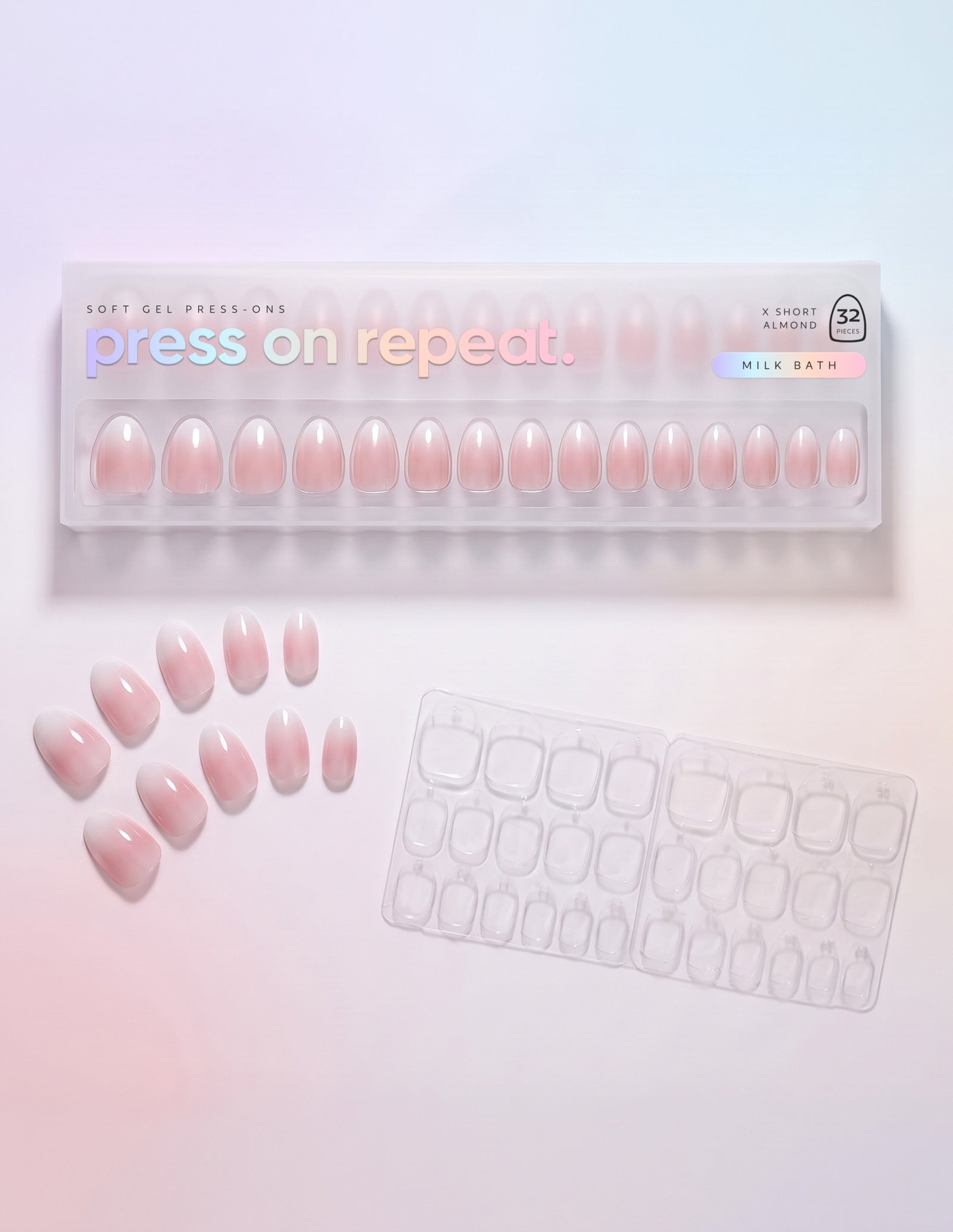 Milk Bath press-on nails — Almond (extra-short) retail box with loose nails and adhesive tabs