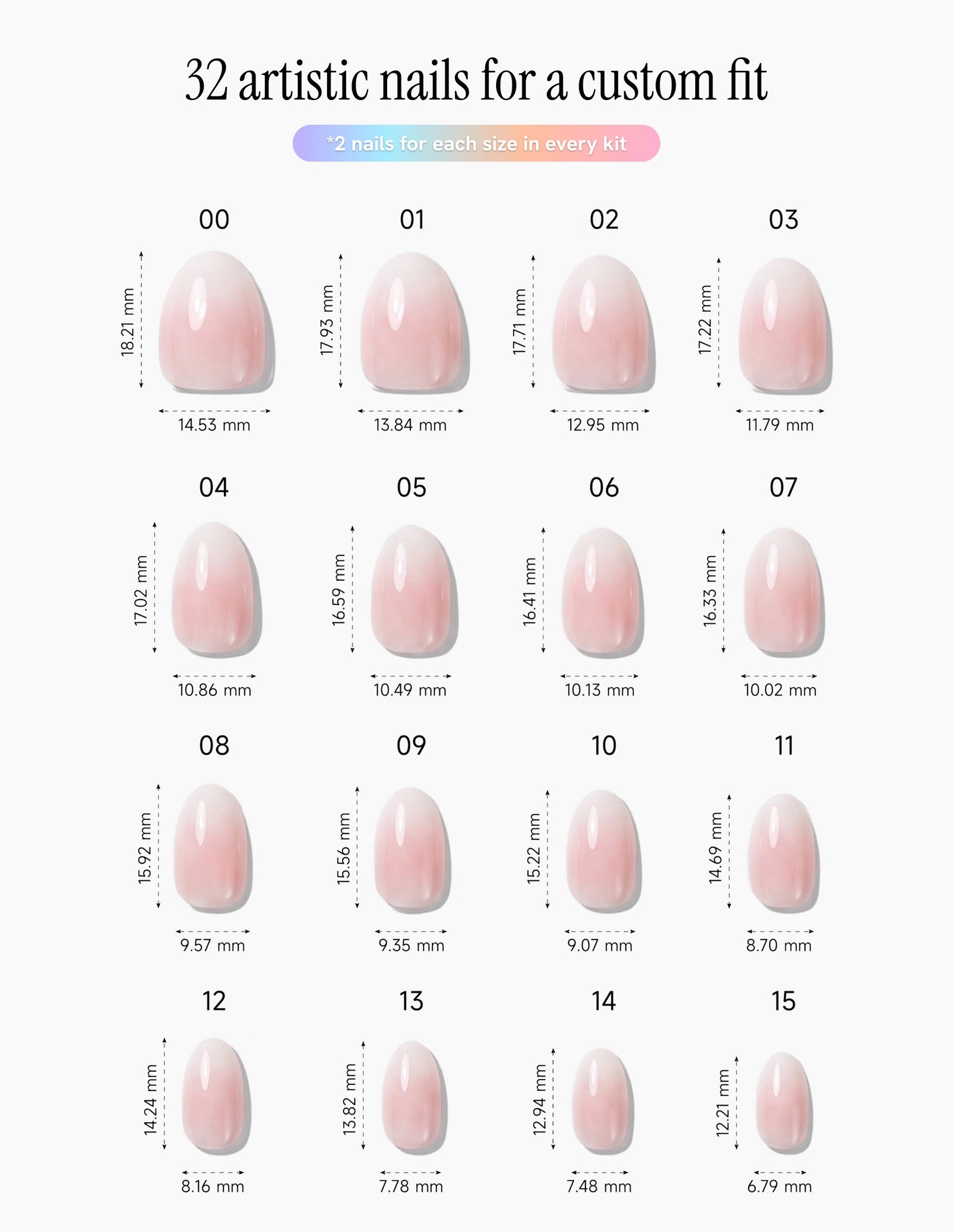 Milk Bath — Almond size chart, 16 sizes with millimetre measurements