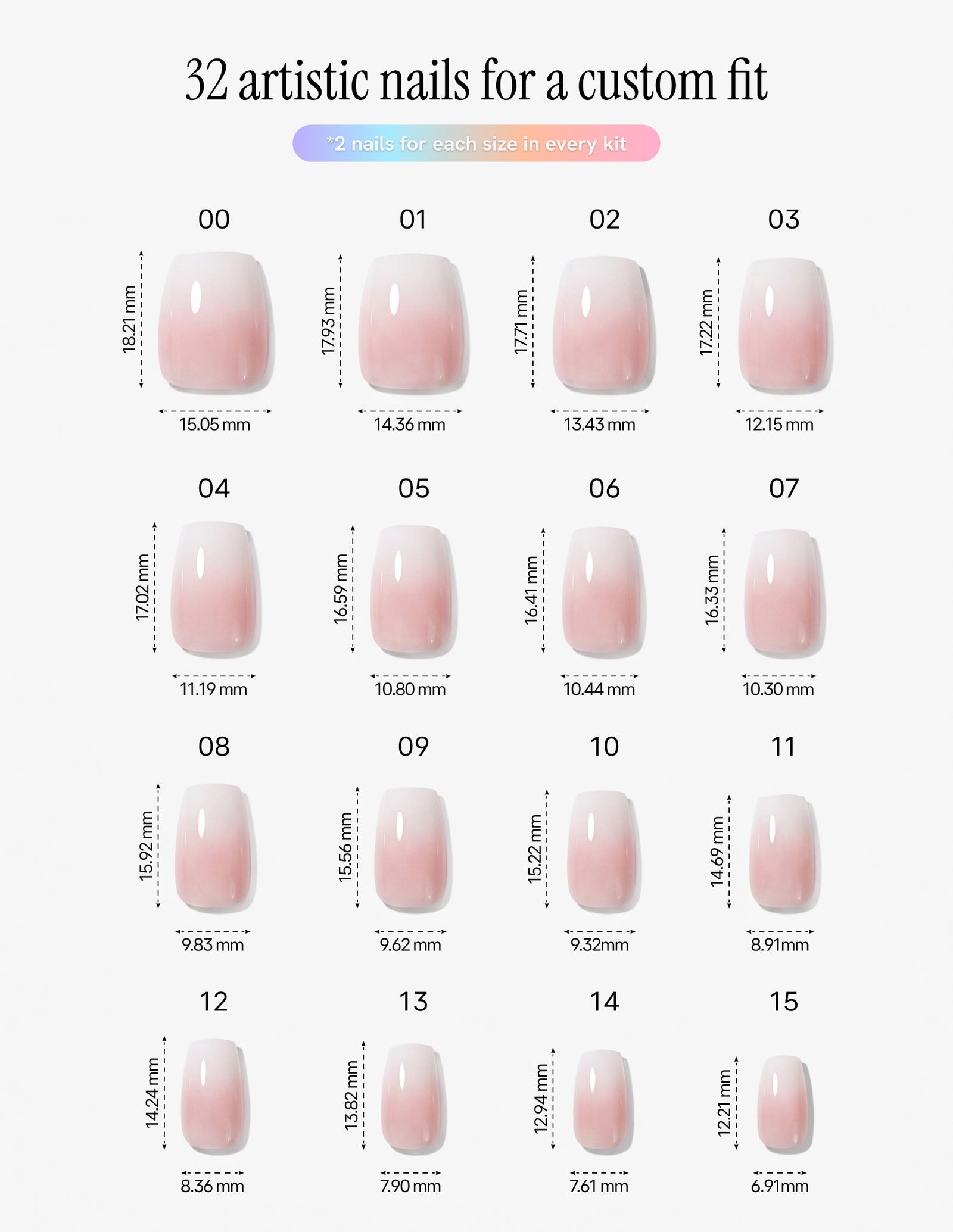 Milk Bath — Coffin size chart, 16 sizes with millimetre measurements