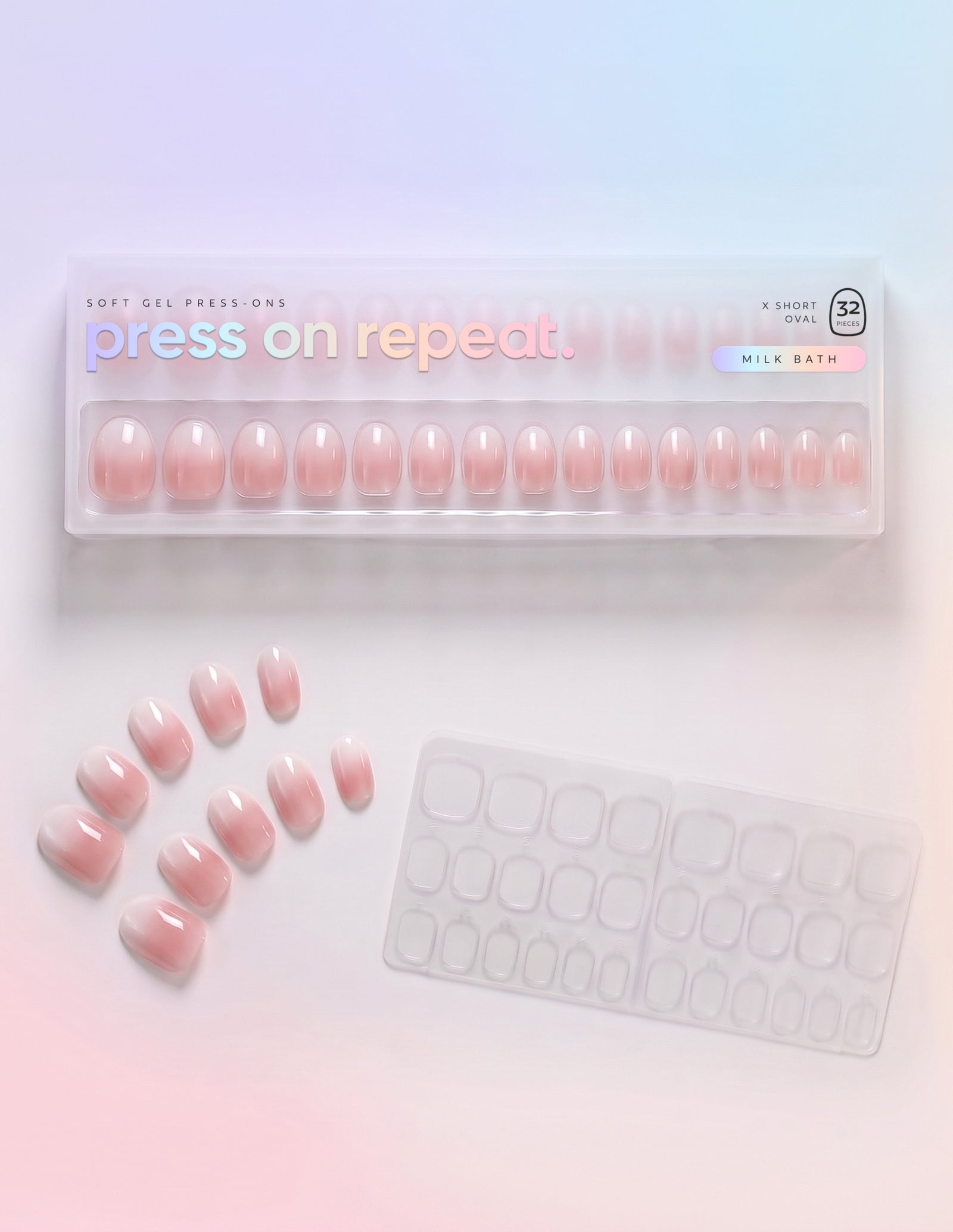Milk Bath press-on nails — Oval (extra-short) retail box with loose nails and adhesive tabs