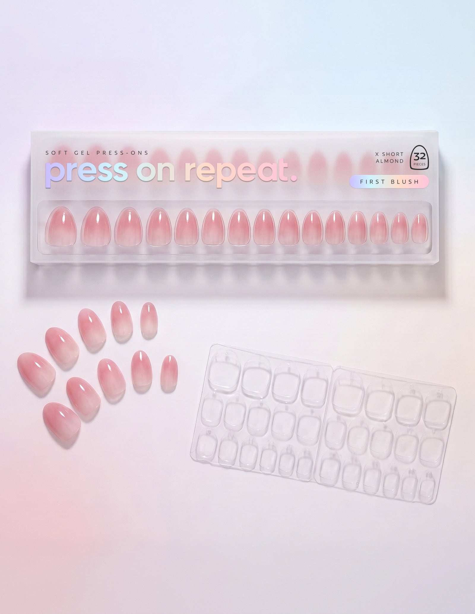 First Blush press-on nails — Almond (extra-short) retail box with loose nails and adhesive tabs