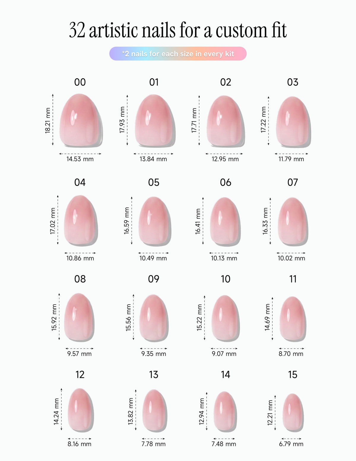 First Blush — Almond size chart, 16 sizes with millimetre measurements