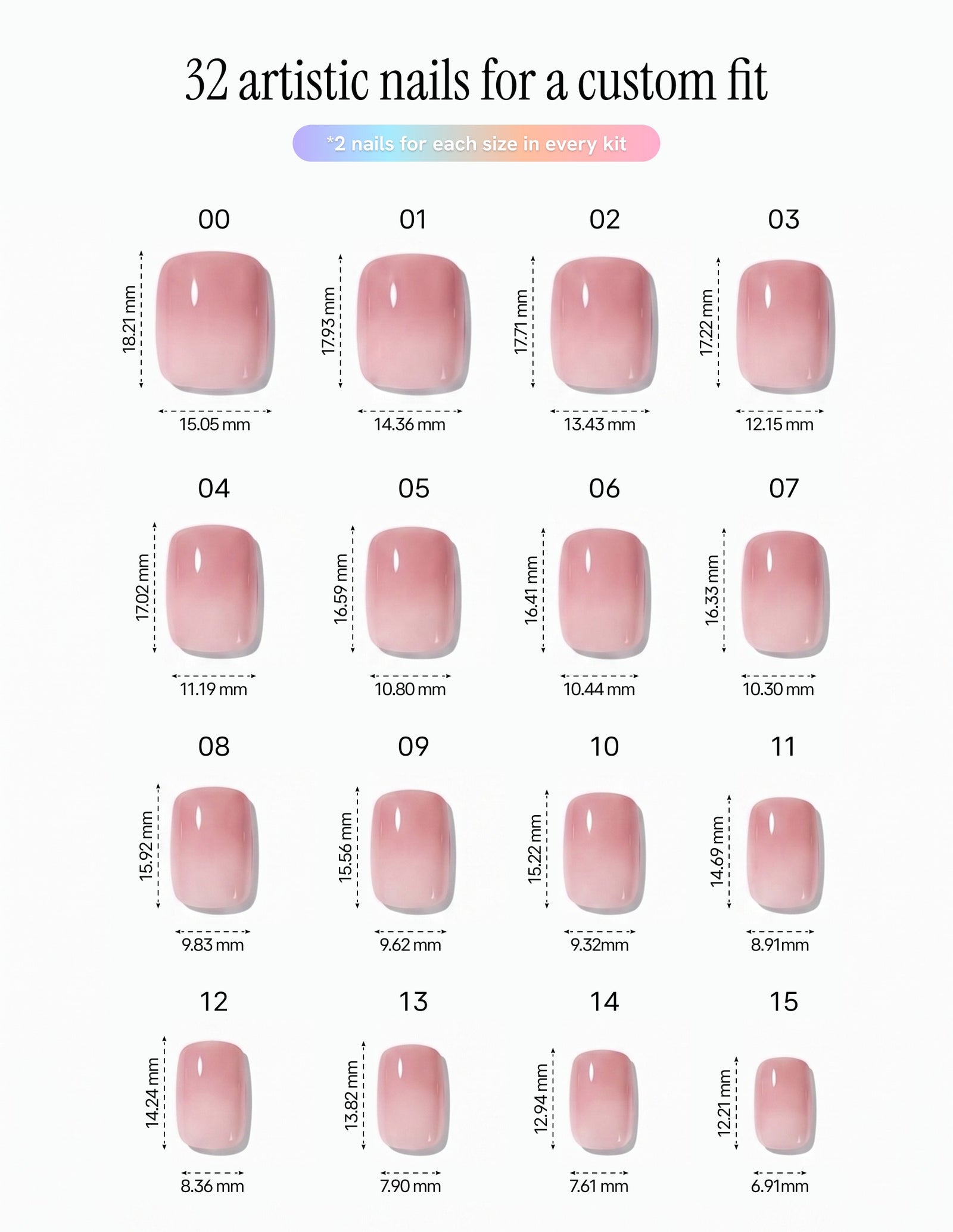 First Blush — Coffin size chart, 16 sizes with millimetre measurements