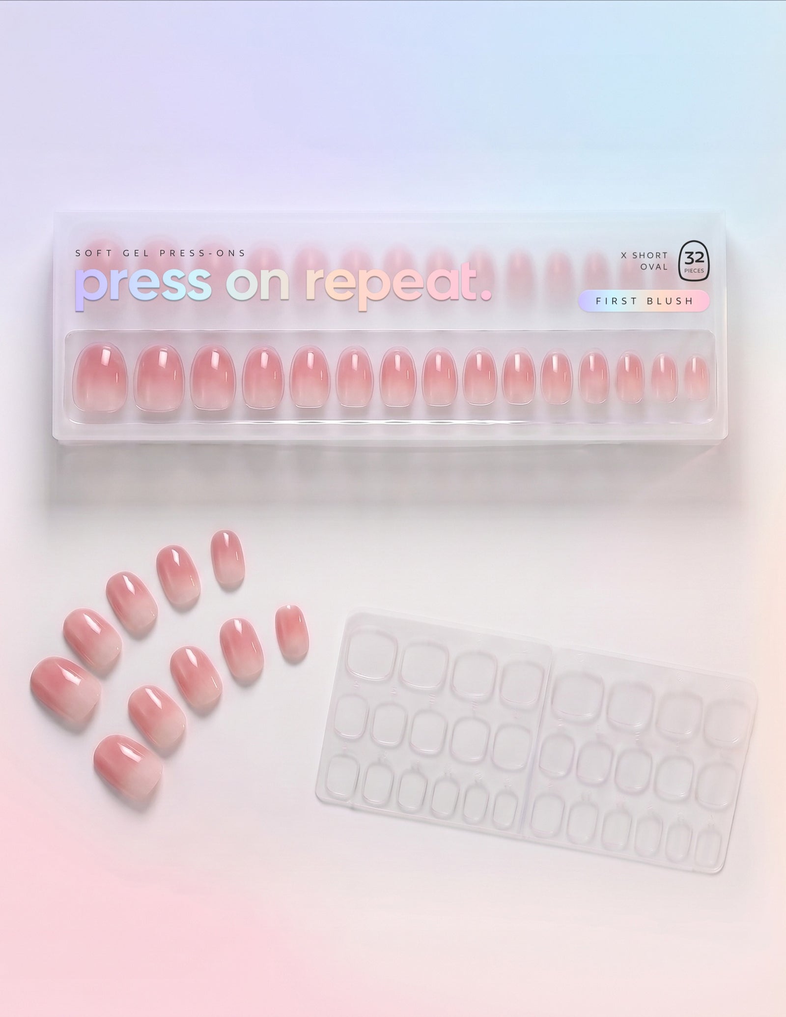 First Blush press-on nails — Oval (extra-short) retail box with loose nails and adhesive tabs