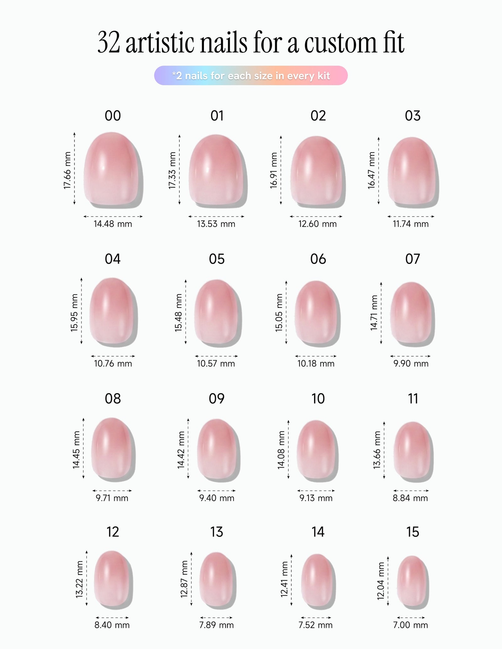 First Blush — Oval size chart, 16 sizes with millimetre measurements