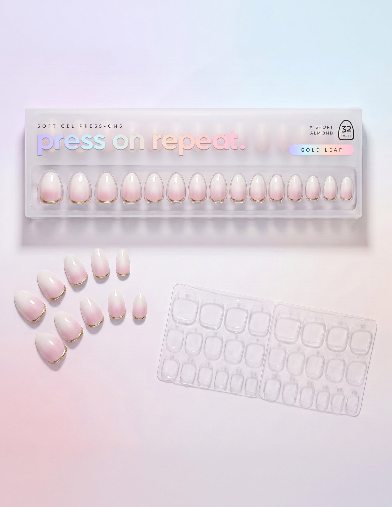Gold Leaf press-on nails — Almond (extra-short) retail box with loose nails and adhesive tabs