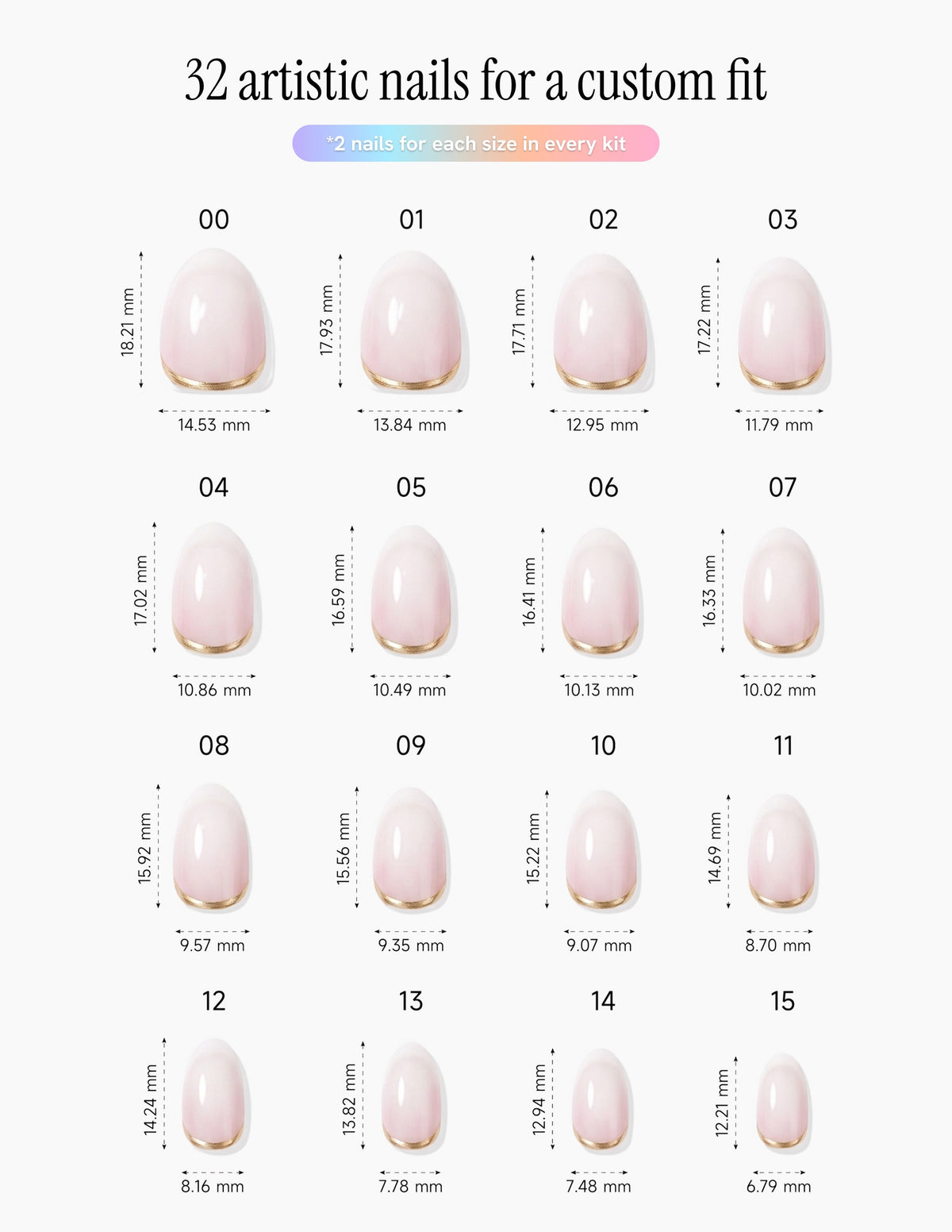 Gold Leaf — Almond size chart, 16 sizes with millimetre measurements