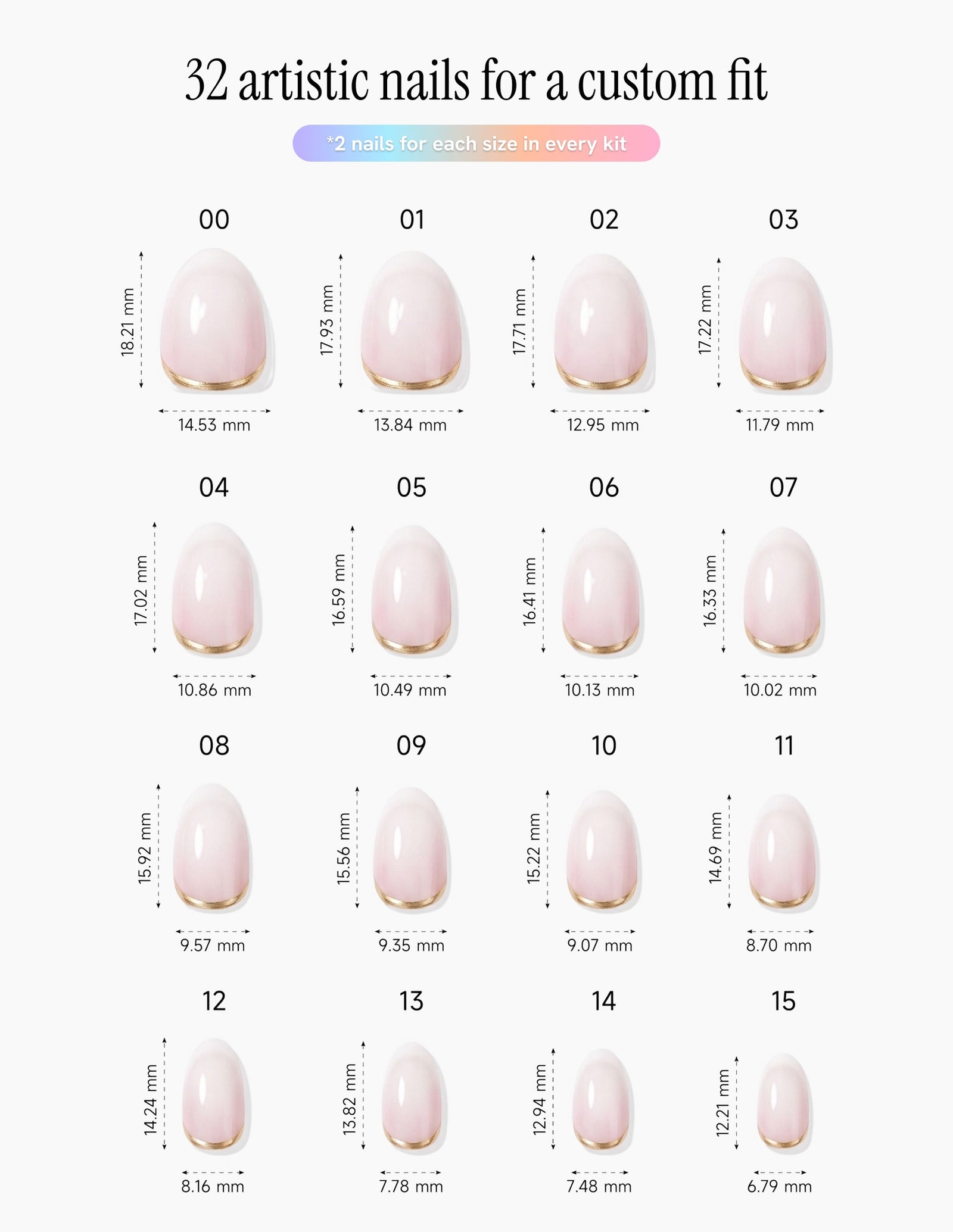 Gold Leaf — Almond size chart, 16 sizes with millimetre measurements
