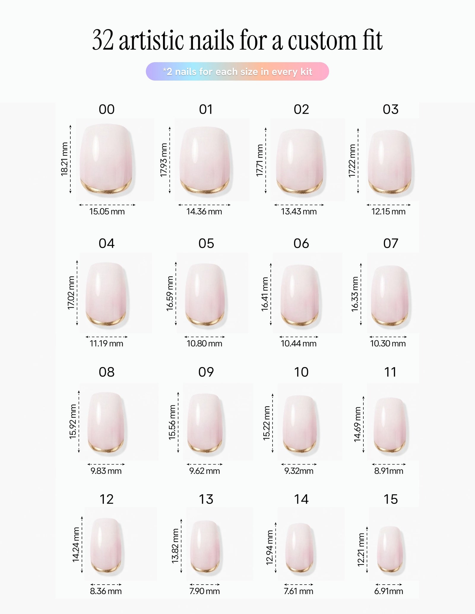 Gold Leaf — Coffin size chart, 16 sizes with millimetre measurements