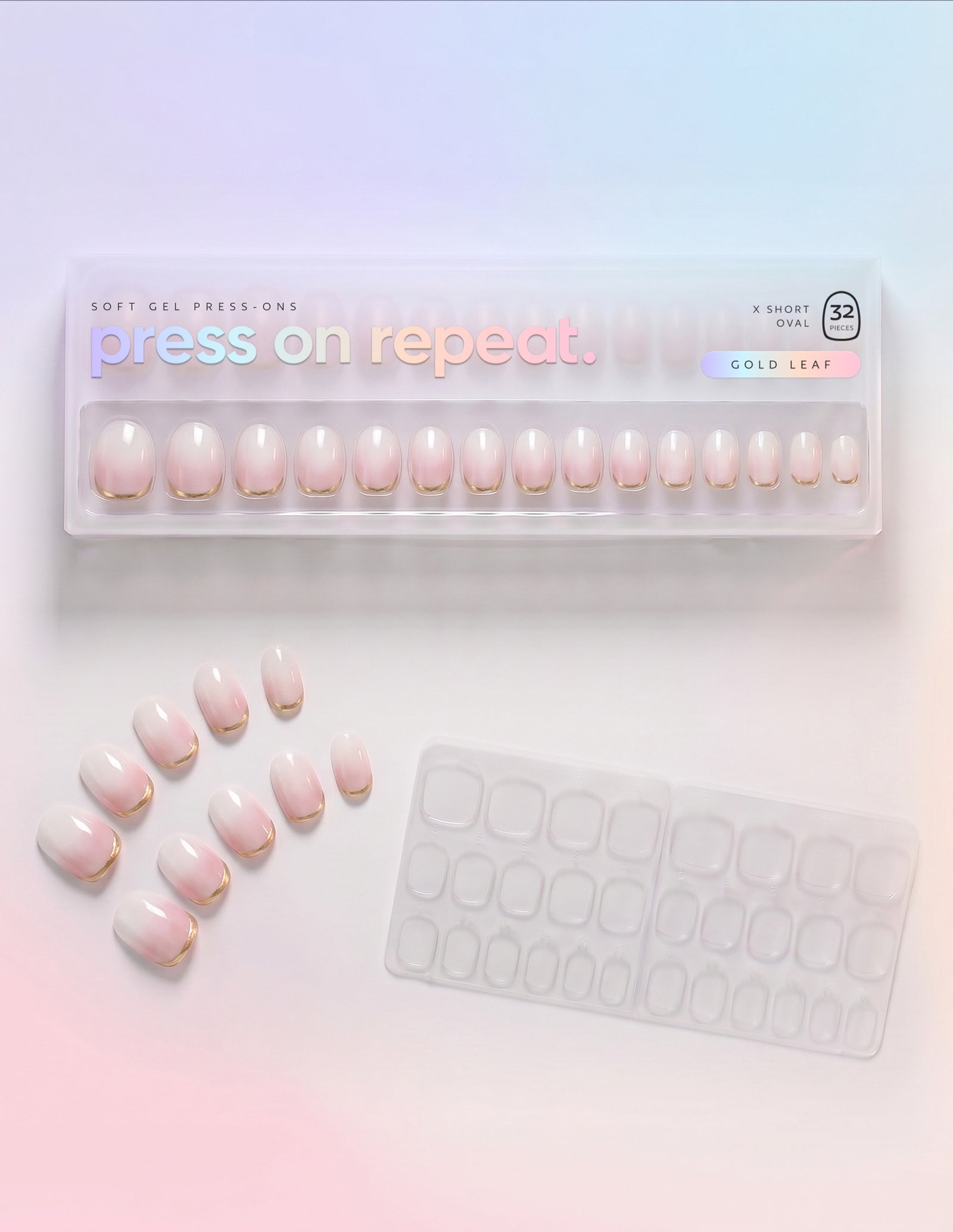 Gold Leaf press-on nails — Oval (extra-short) retail box with loose nails and adhesive tabs