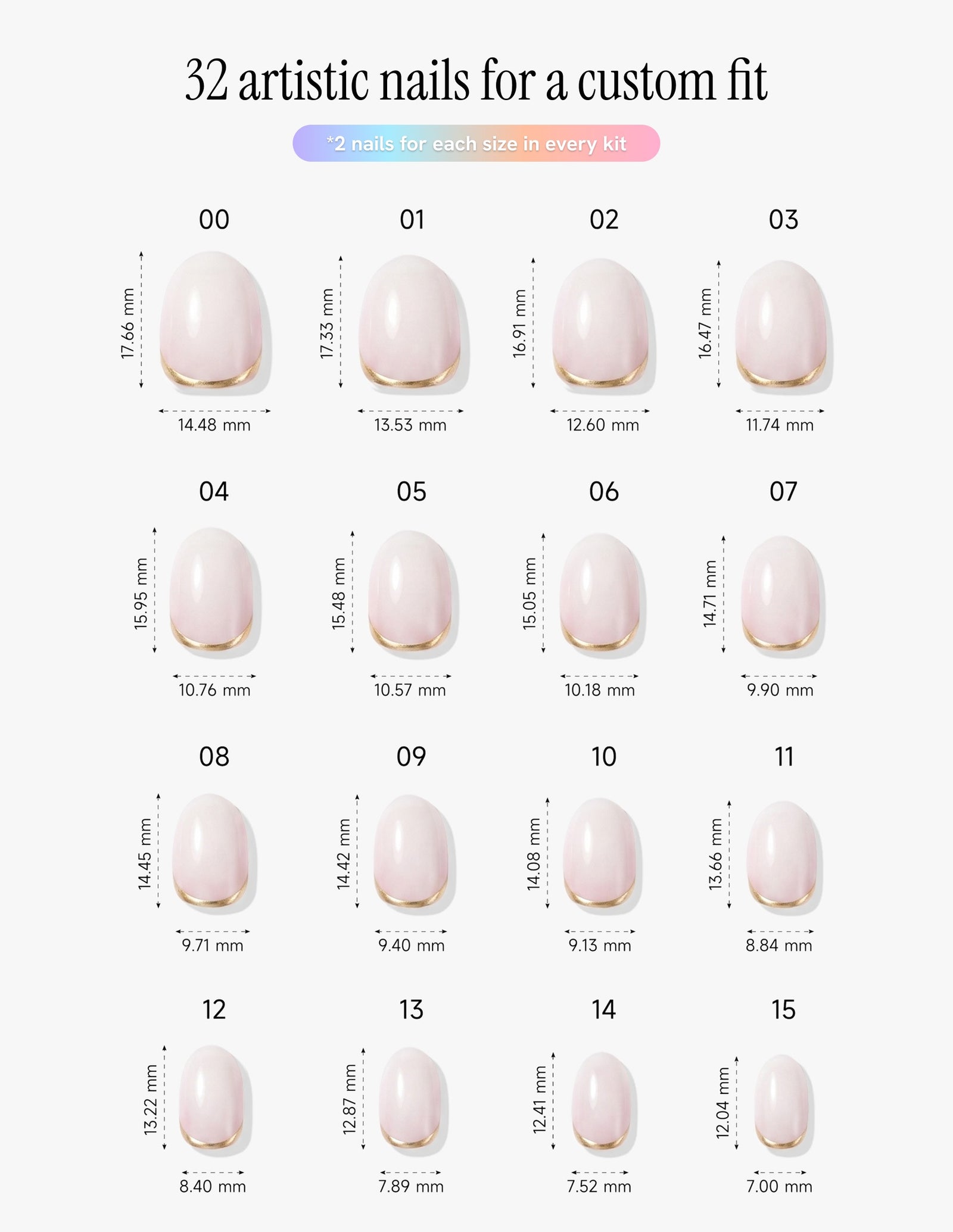 Gold Leaf — Oval size chart, 16 sizes with millimetre measurements