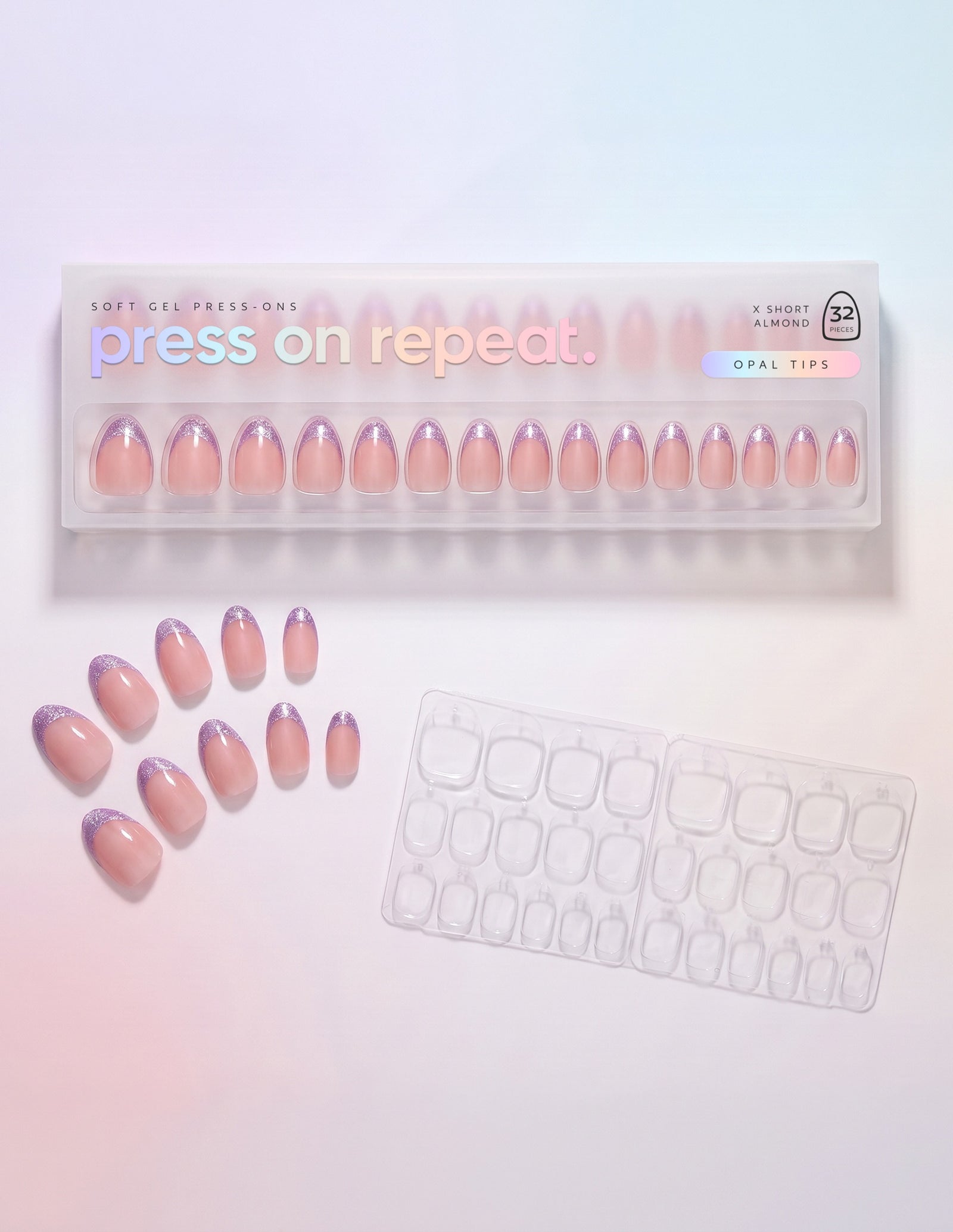 Opal Tips press-on nails — Almond (extra-short) retail box with loose nails and adhesive tabs