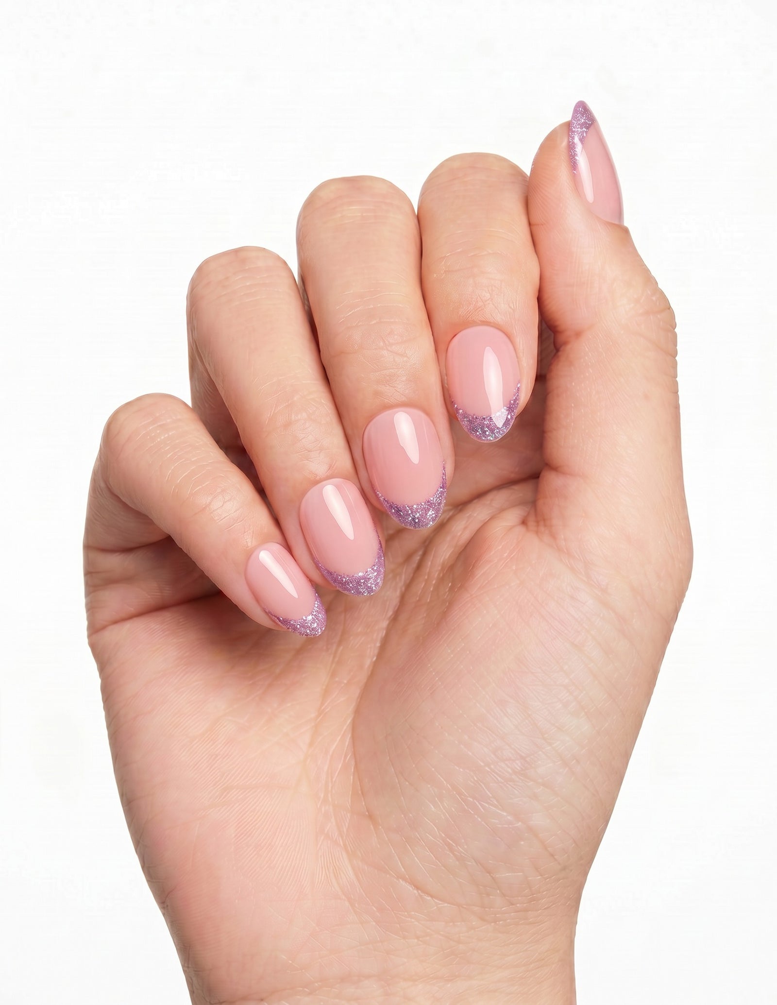 Opal Tips press-on nails — Almond (extra-short), deep-skin hand, fingers curled