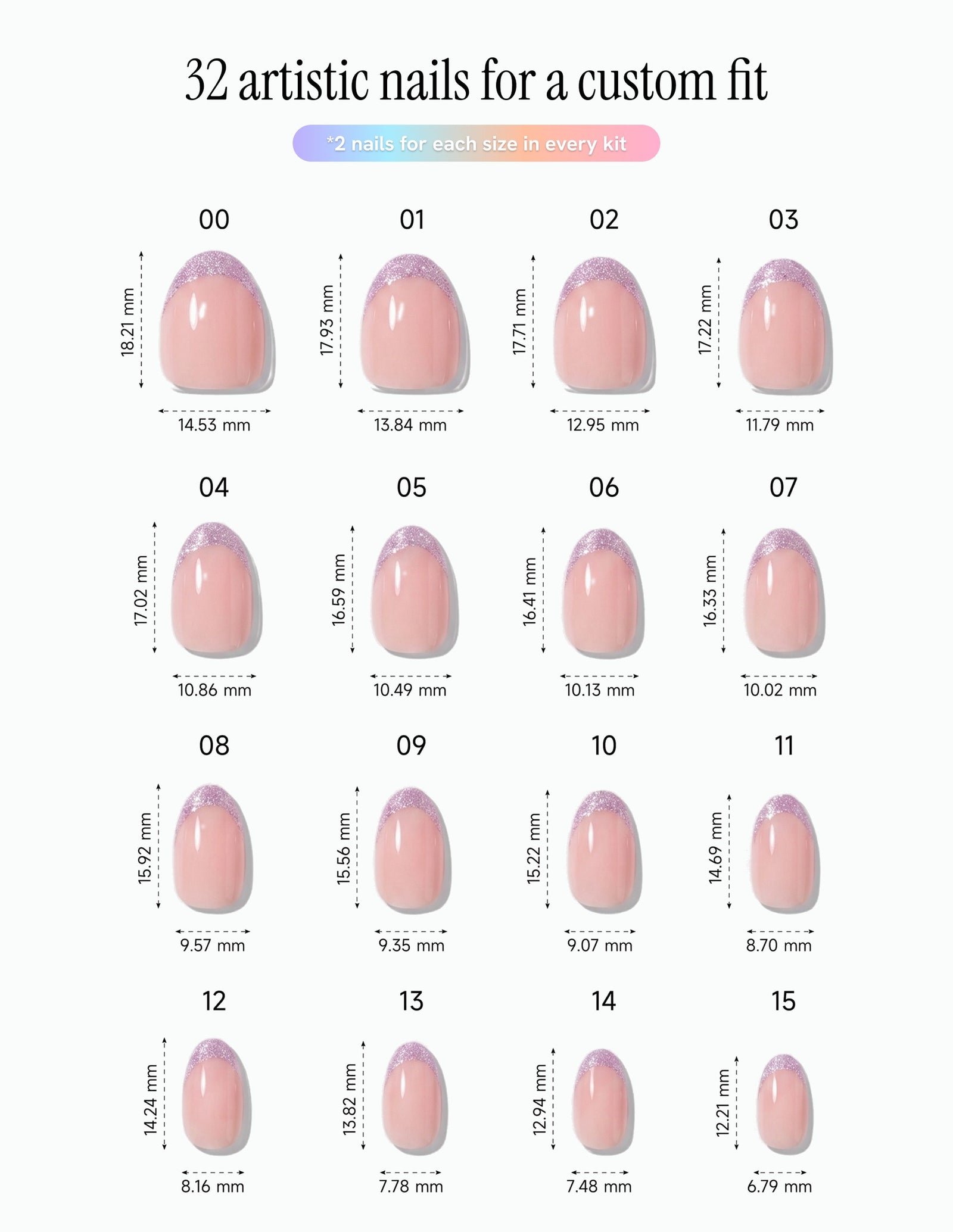 Opal Tips — Almond size chart, 16 sizes with millimetre measurements