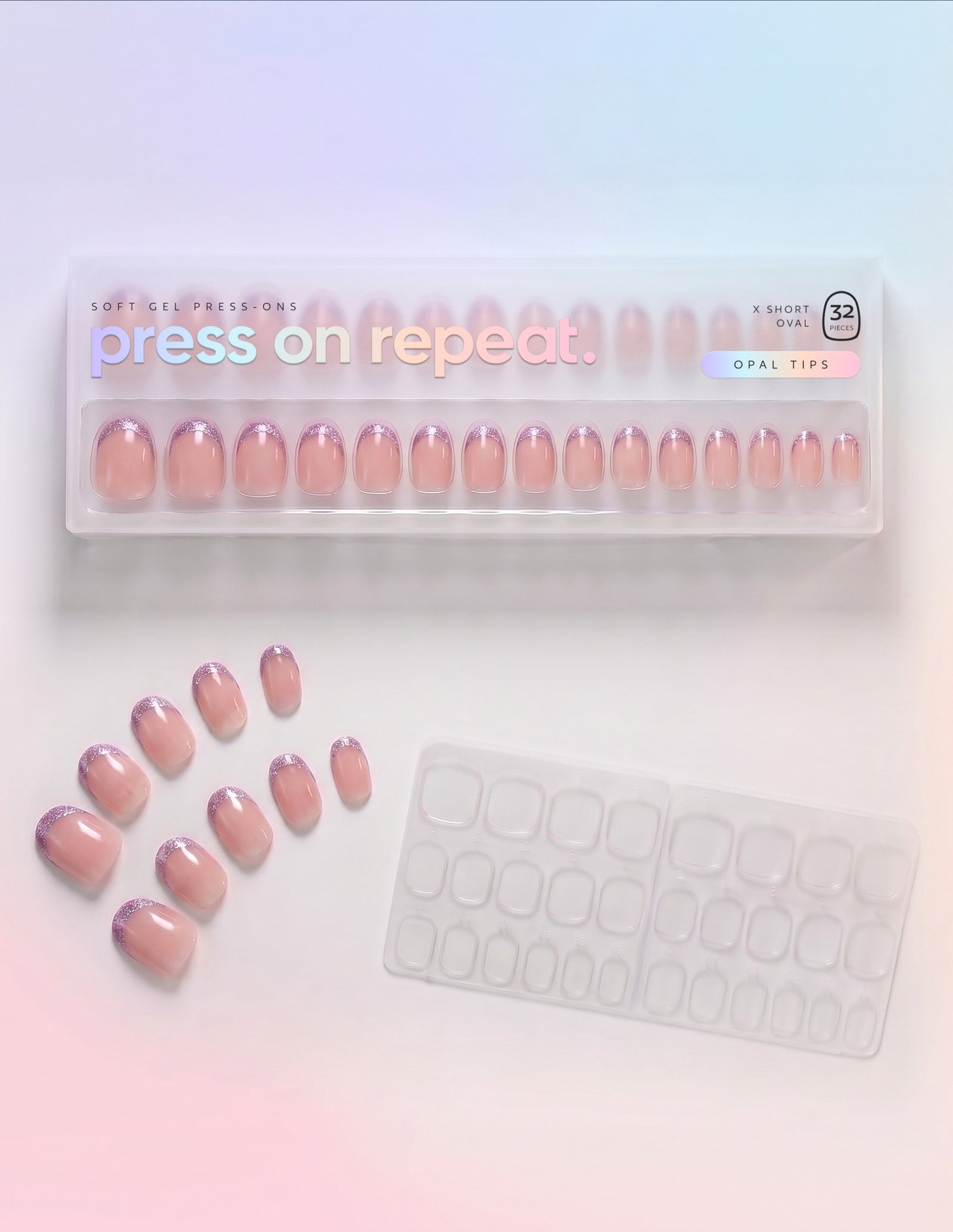 Opal Tips press-on nails — Oval (extra-short) retail box with loose nails and adhesive tabs