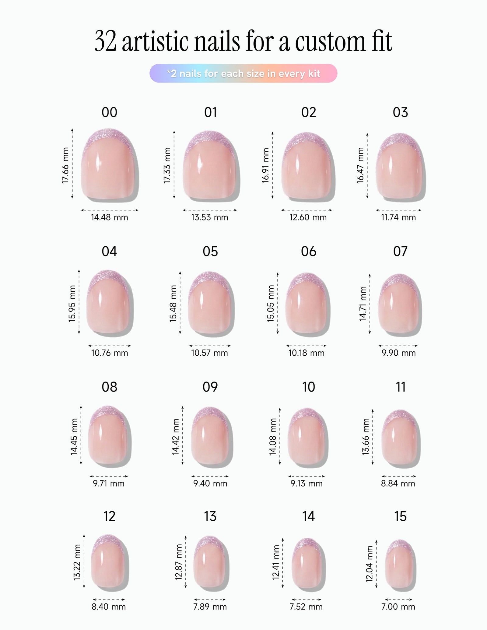 Opal Tips — Oval size chart, 16 sizes with millimetre measurements