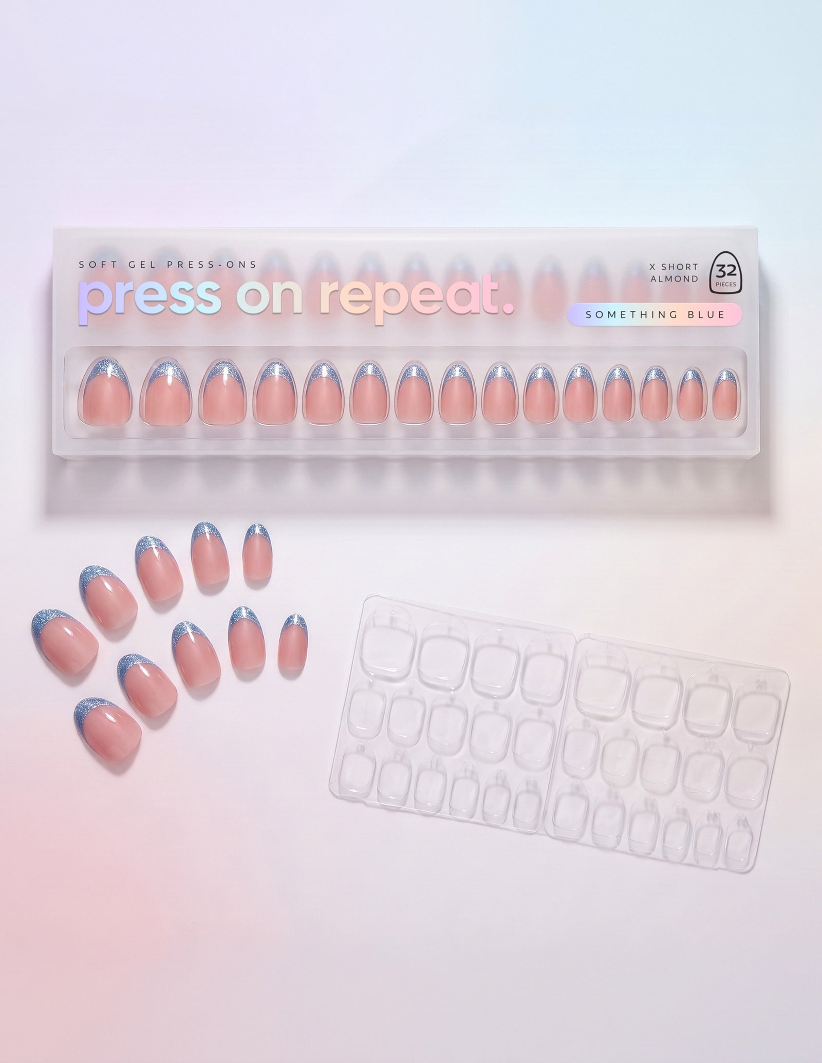 Something Blue press-on nails — Almond (extra-short) retail box with loose nails and adhesive tabs