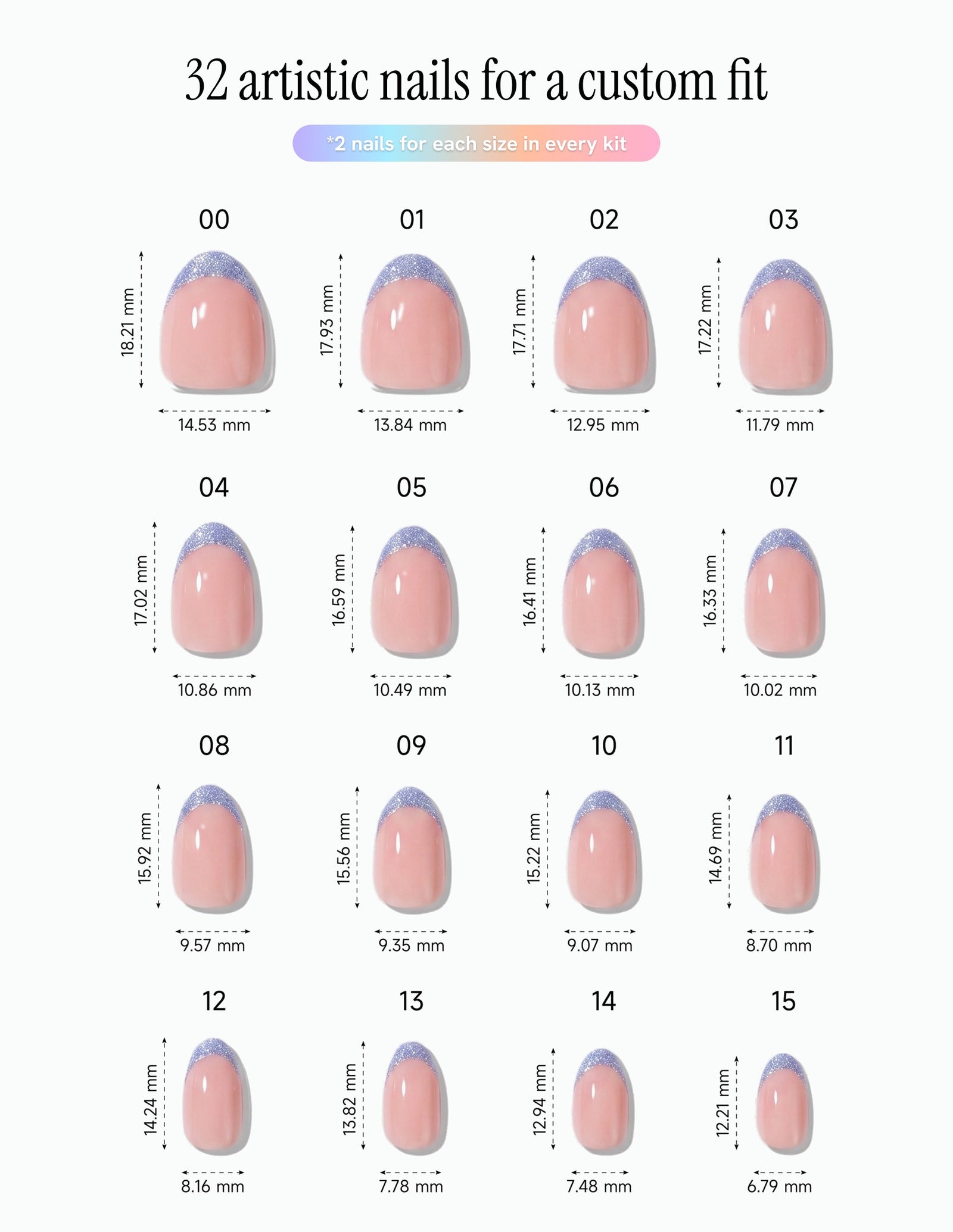 Something Blue — Almond size chart, 16 sizes with millimetre measurements