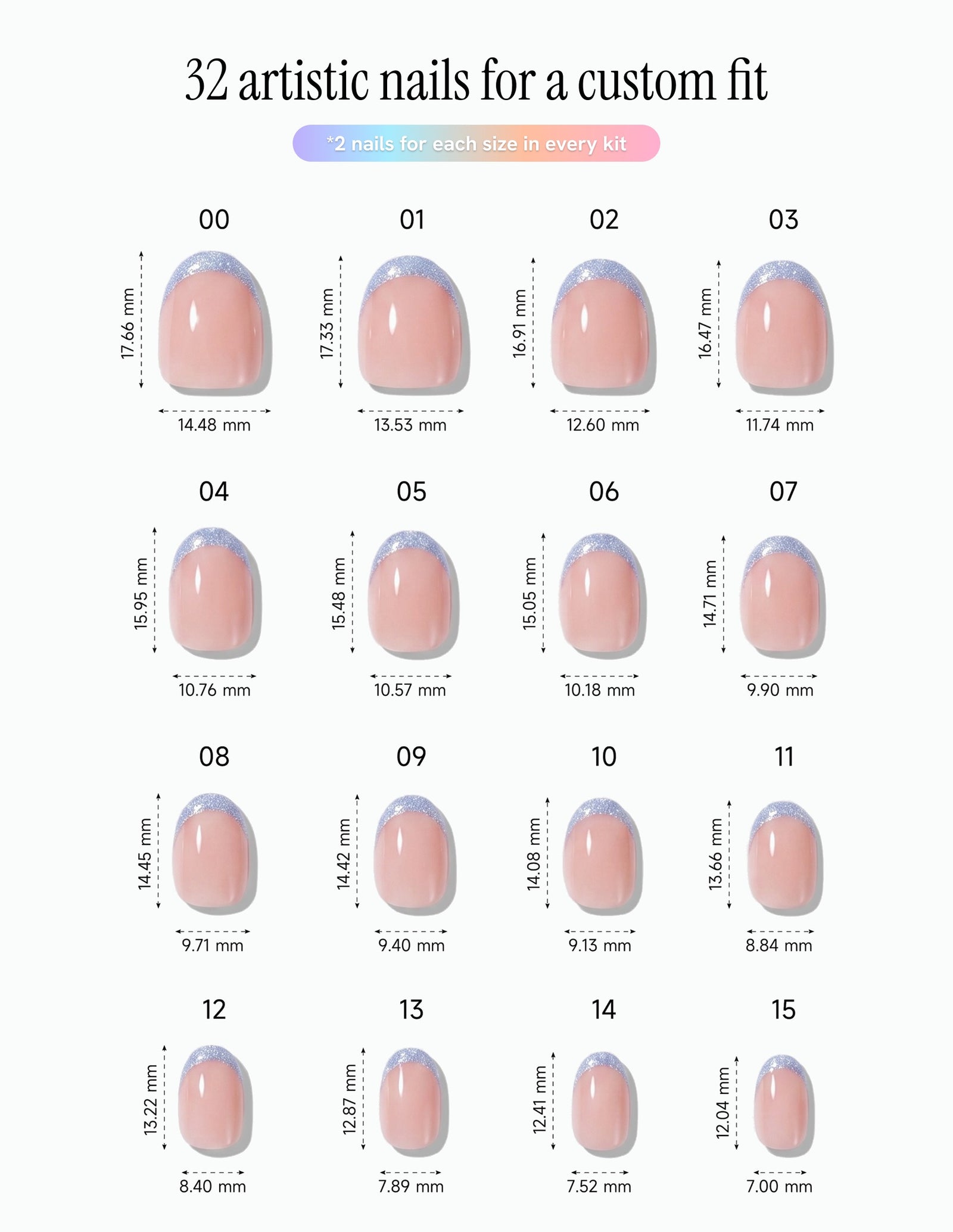 Something Blue — Oval size chart, 16 sizes with millimetre measurements