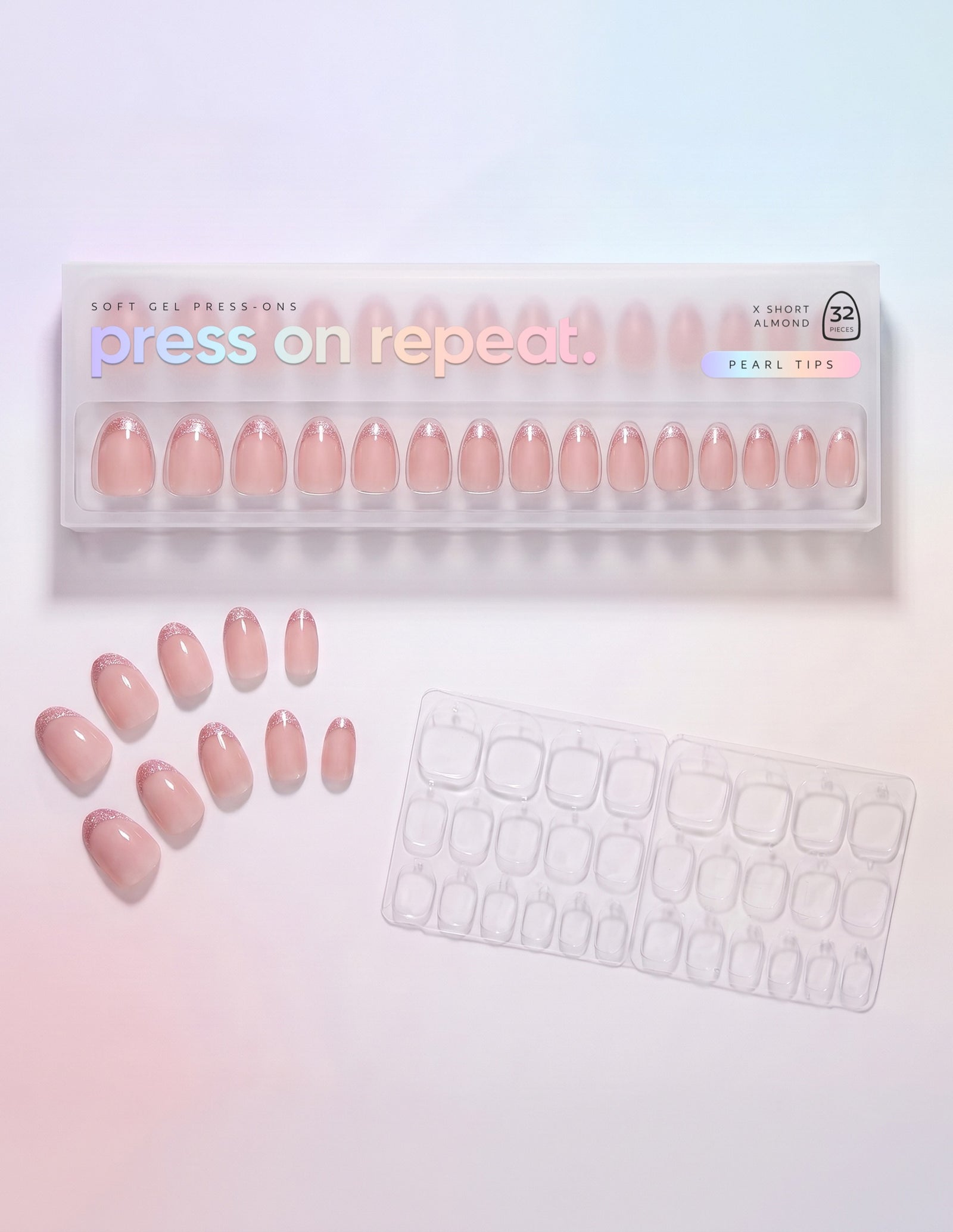 Pearl Tips press-on nails — Almond (extra-short) retail box with loose nails and adhesive tabs