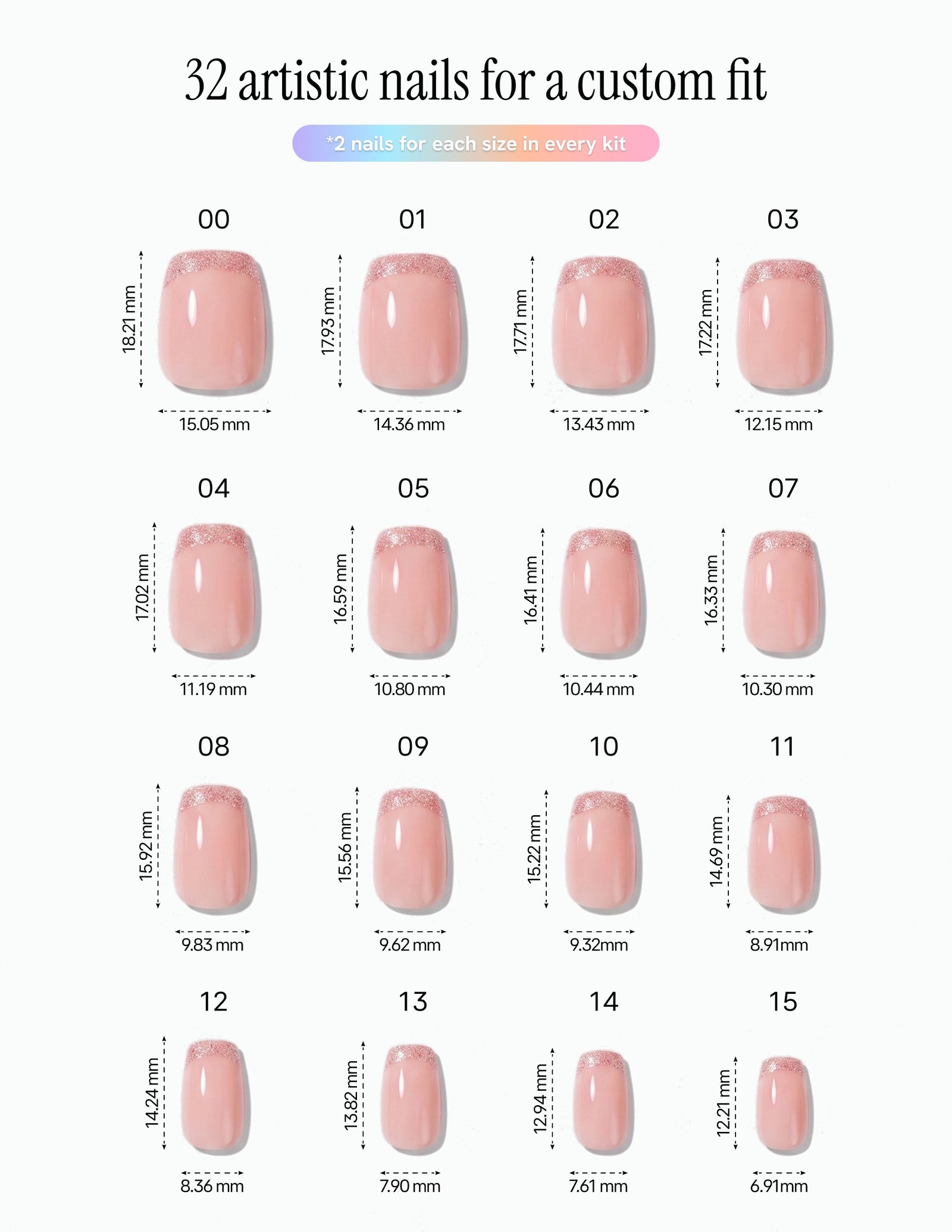 Pearl Tips — Coffin size chart, 16 sizes with millimetre measurements