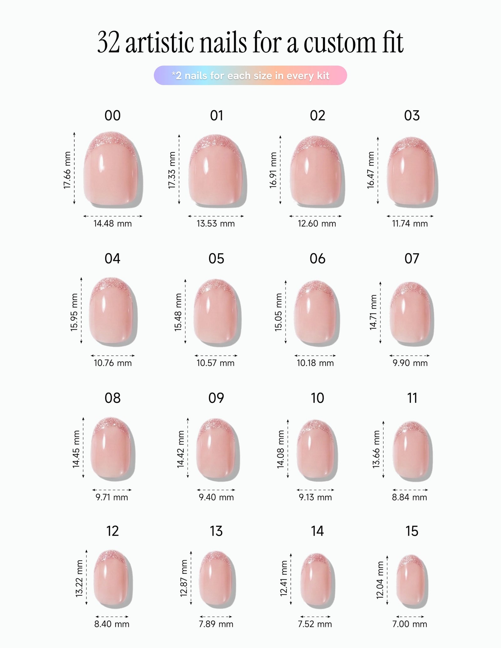 Pearl Tips — Oval size chart, 16 sizes with millimetre measurements