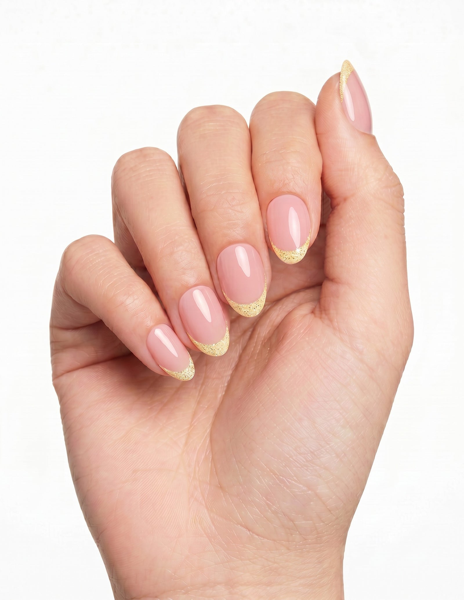 Moonstone press-on nails — Almond (extra-short), deep-skin hand, fingers curled
