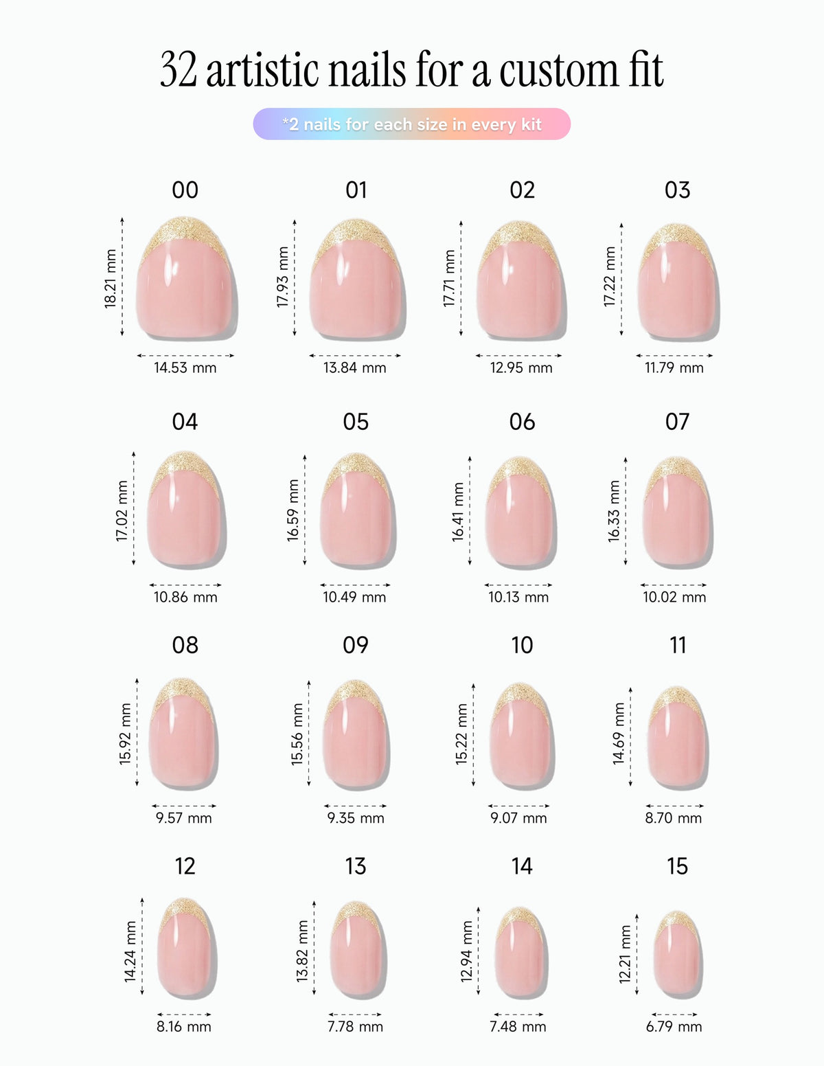 Moonstone — Almond size chart, 16 sizes with millimetre measurements